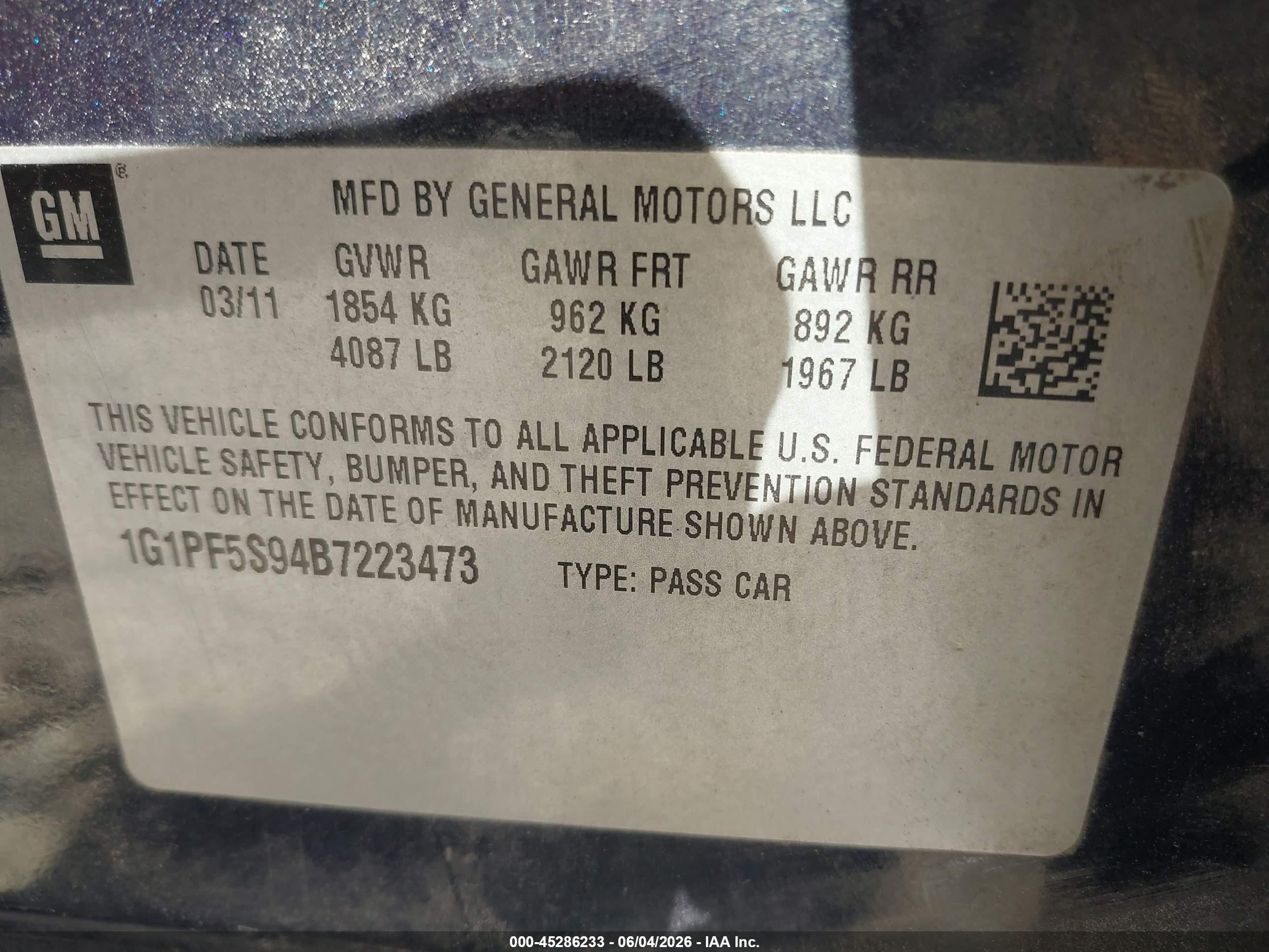 2011 Chevrolet Cruze 1lt Blue vin: 1G1PF5S94B7223473