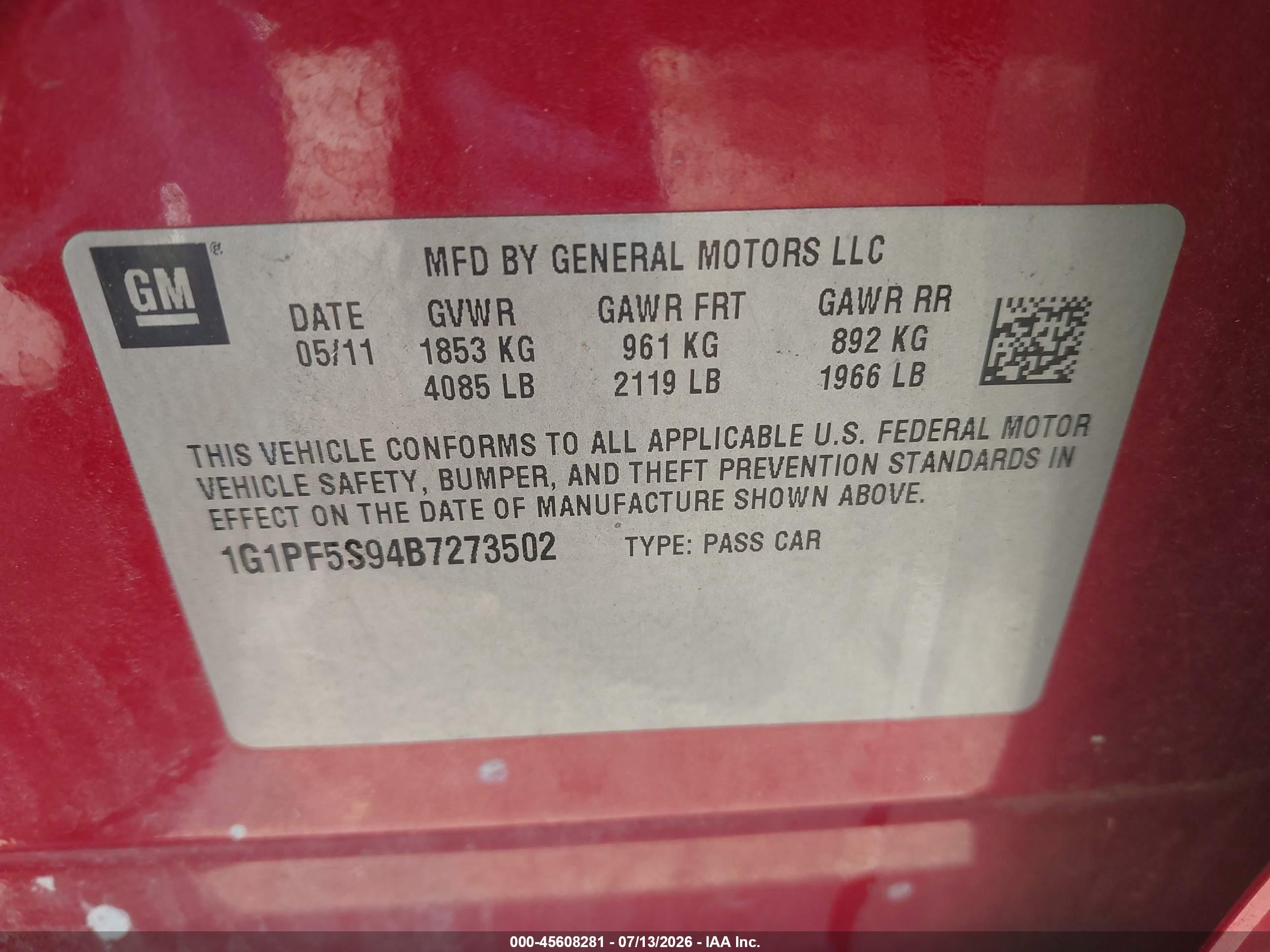 2011 Chevrolet Cruze 1lt Red vin: 1G1PF5S94B7273502