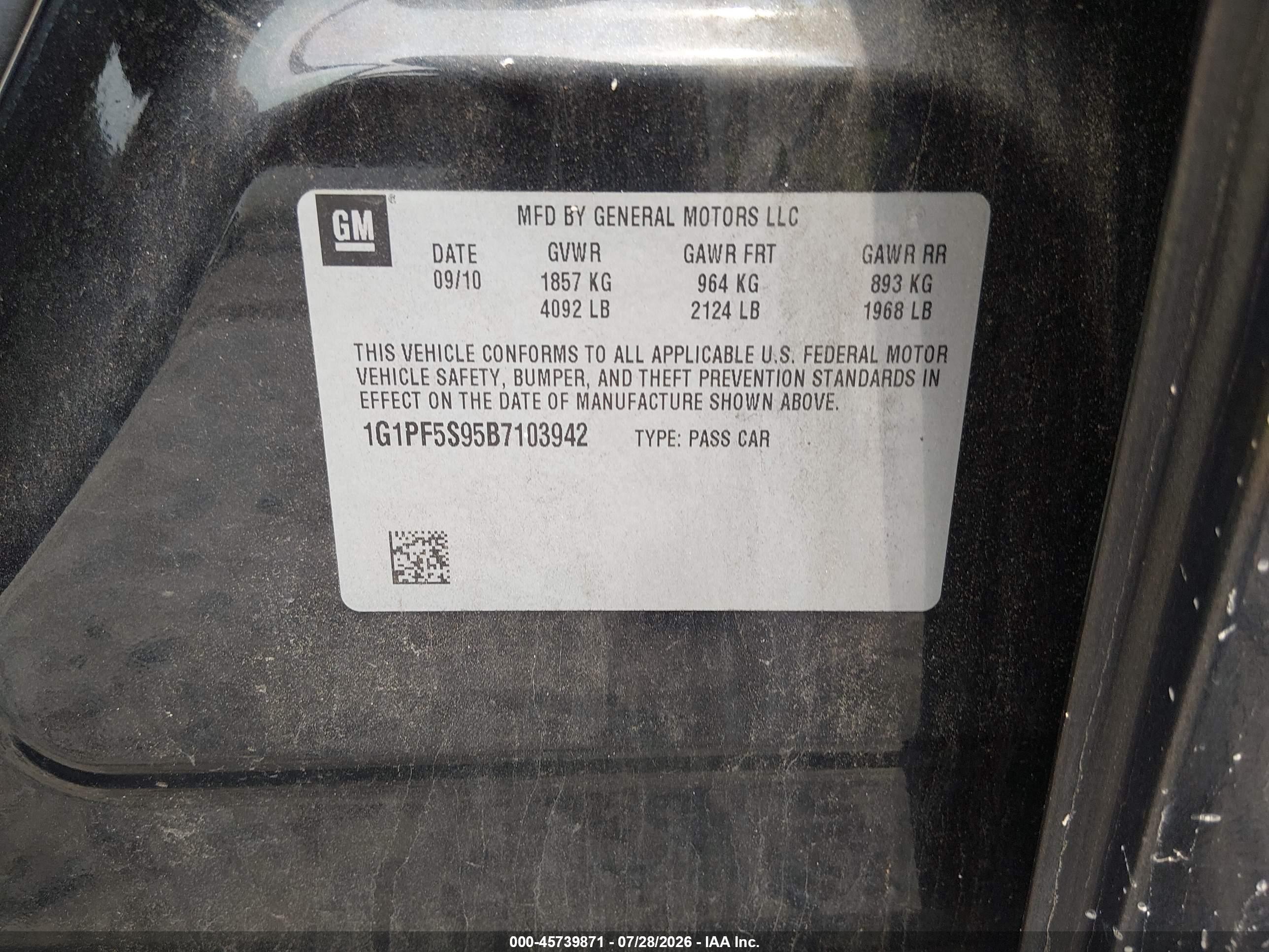 2011 Chevrolet Cruze 1lt Black vin: 1G1PF5S95B7103942