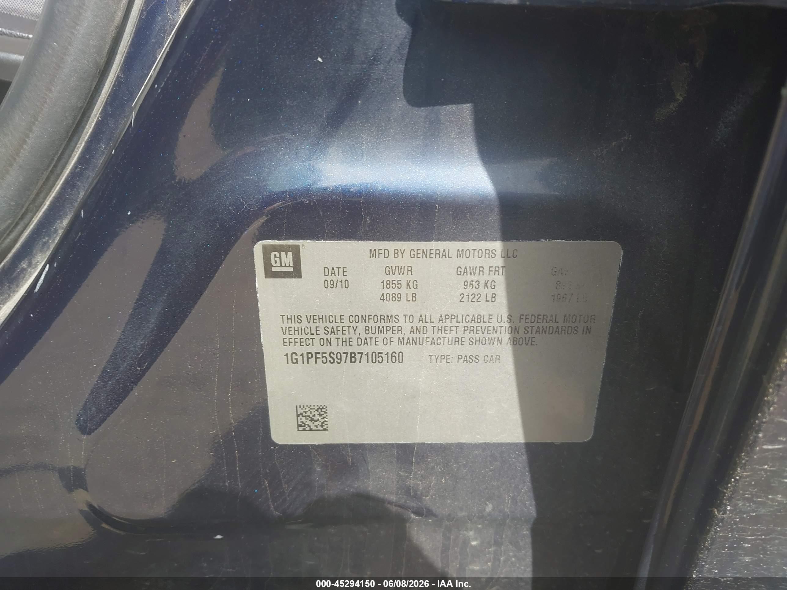 2011 Chevrolet Cruze 1lt Blue vin: 1G1PF5S97B7105160