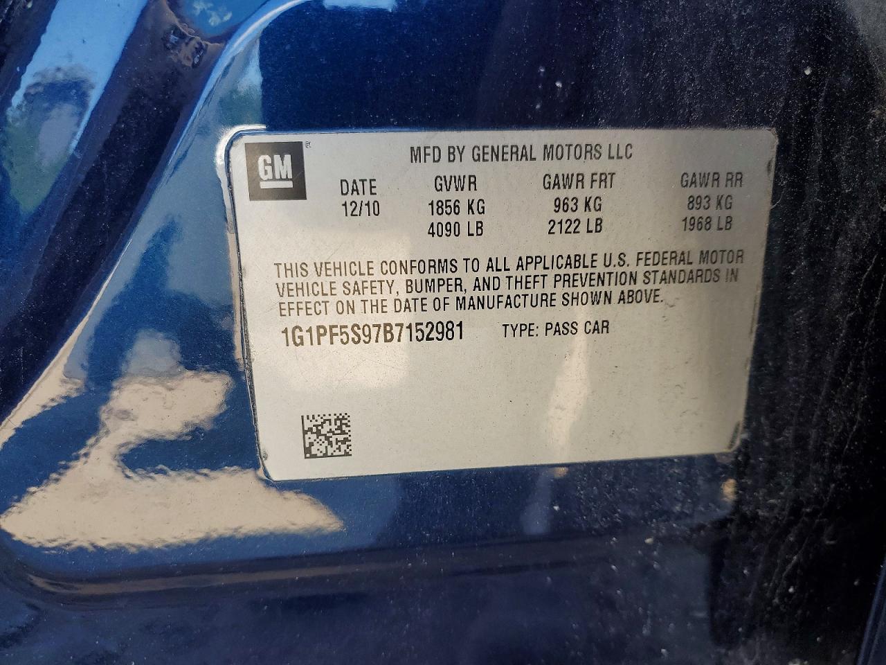 2011 Chevrolet Cruze Lt Blue vin: 1G1PF5S97B7152981
