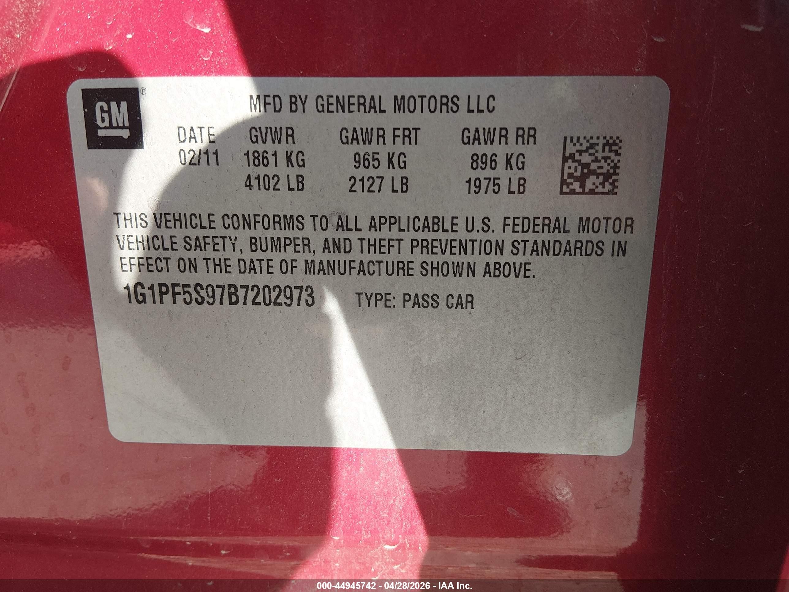 2011 Chevrolet Cruze 1lt Burgundy vin: 1G1PF5S97B7202973