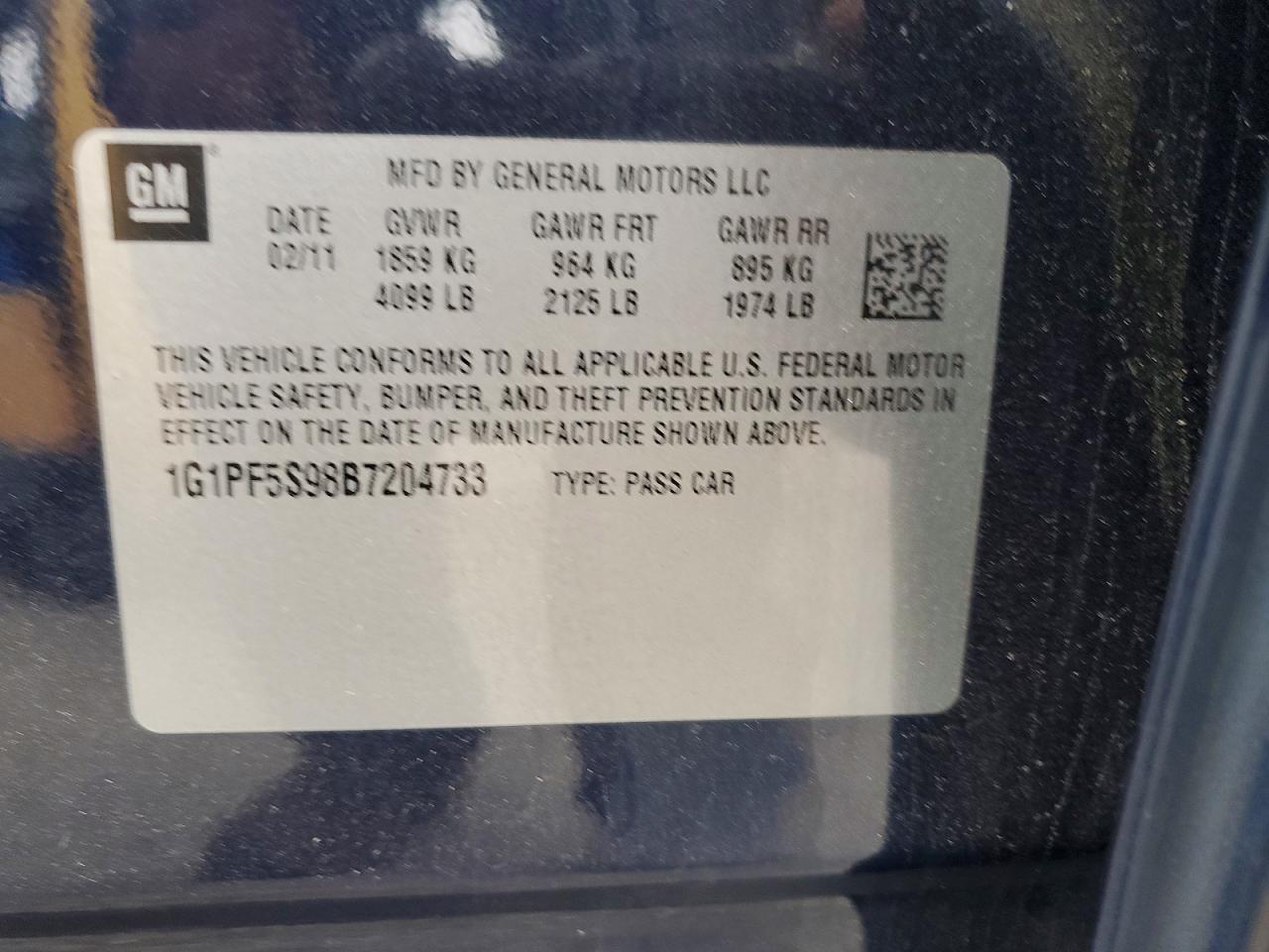 2011 Chevrolet Cruze Lt Blue vin: 1G1PF5S98B7204733
