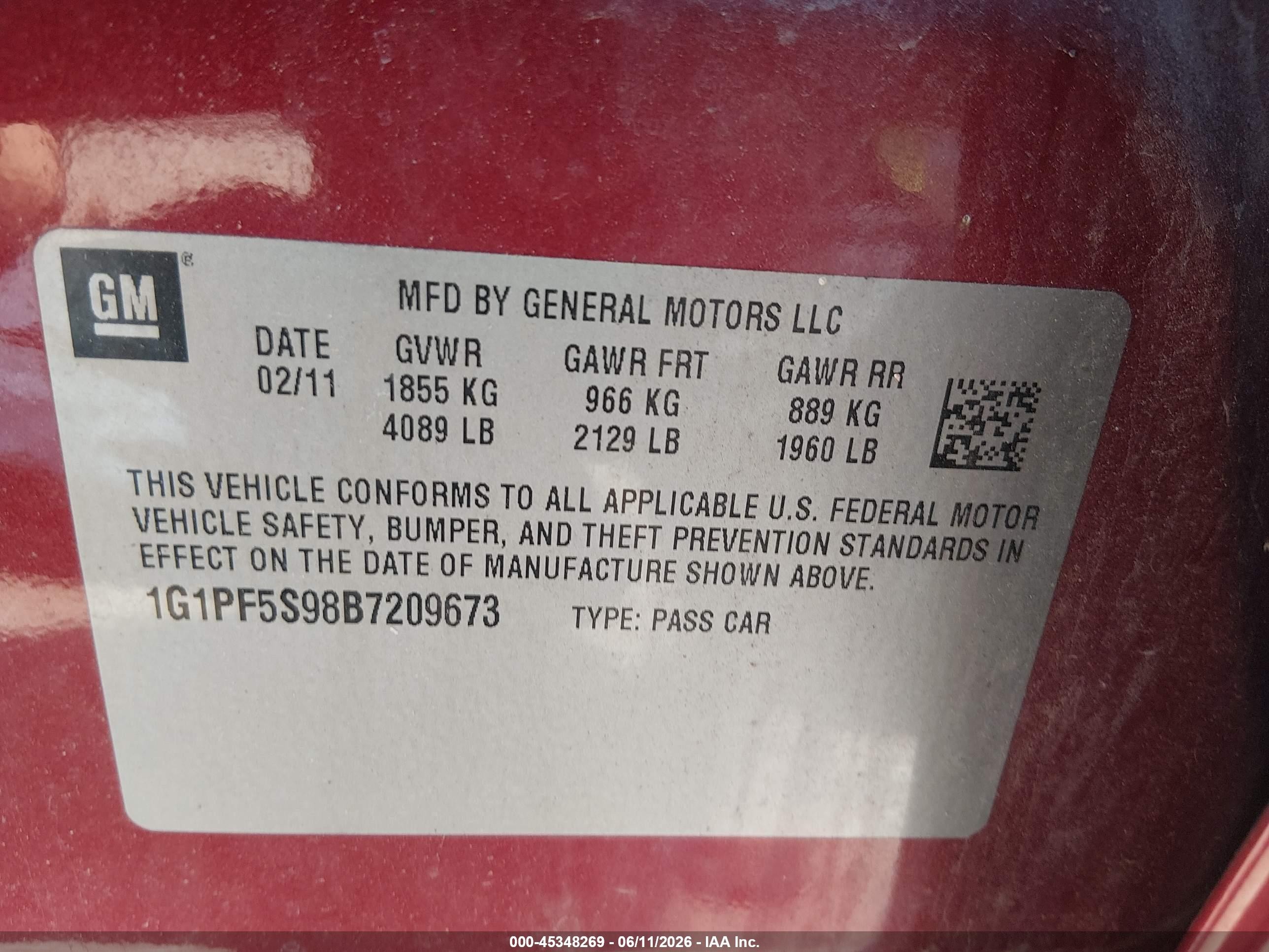 2011 Chevrolet Cruze 1lt Red vin: 1G1PF5S98B7209673