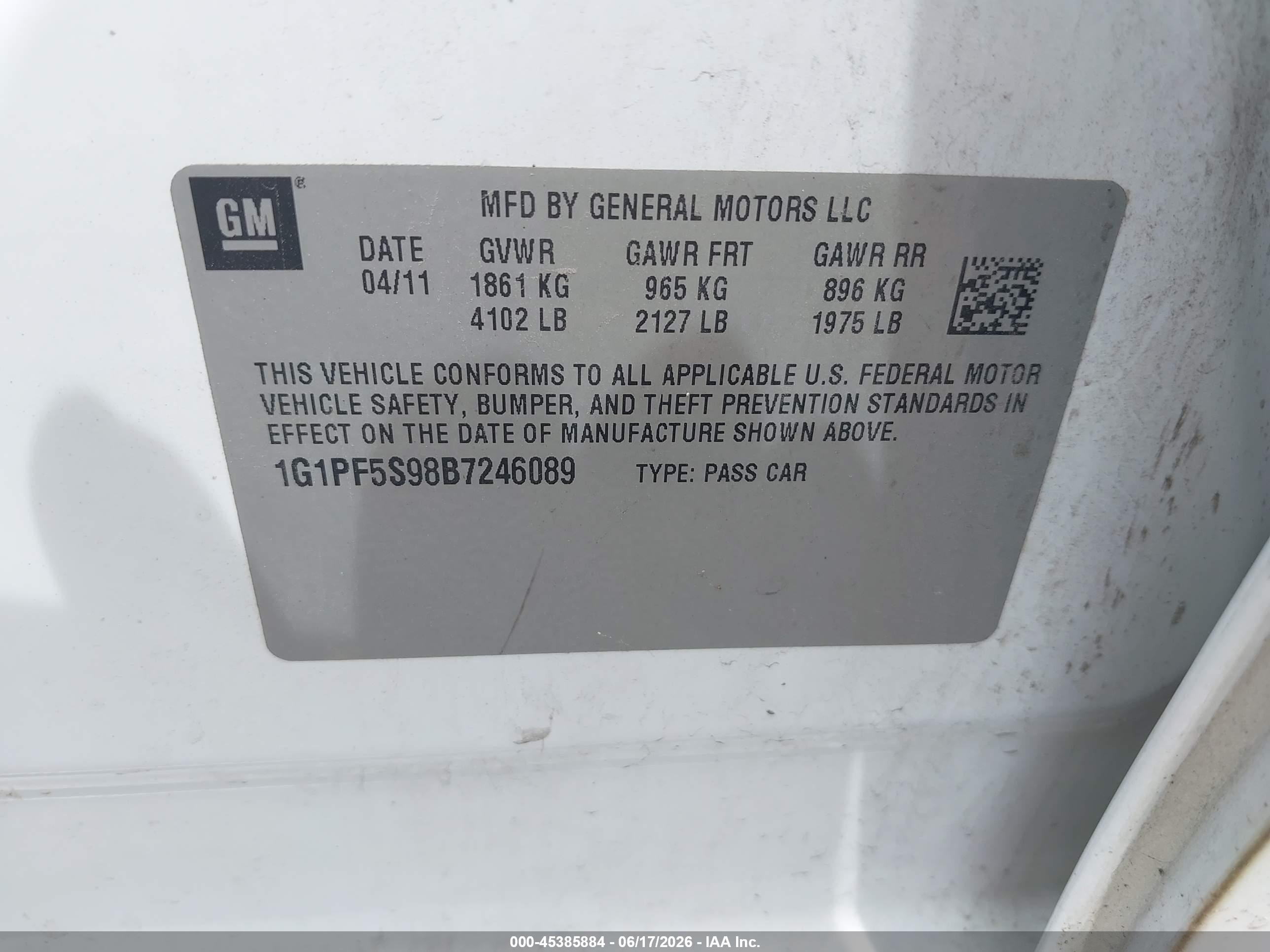 2011 Chevrolet Cruze 1lt White vin: 1G1PF5S98B7246089