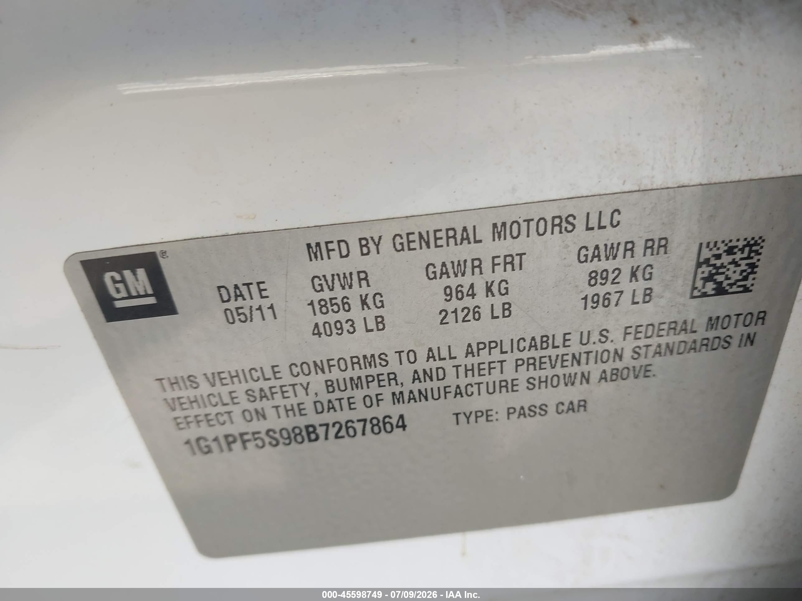 2011 Chevrolet Cruze 1lt Белый vin: 1G1PF5S98B7267864