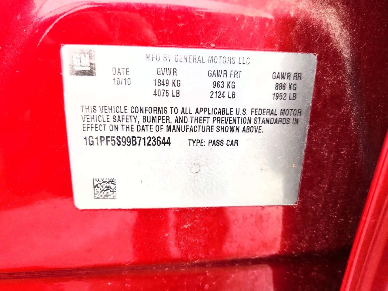 2011 Chevrolet Cruze Lt Red vin: 1G1PF5S99B7123644