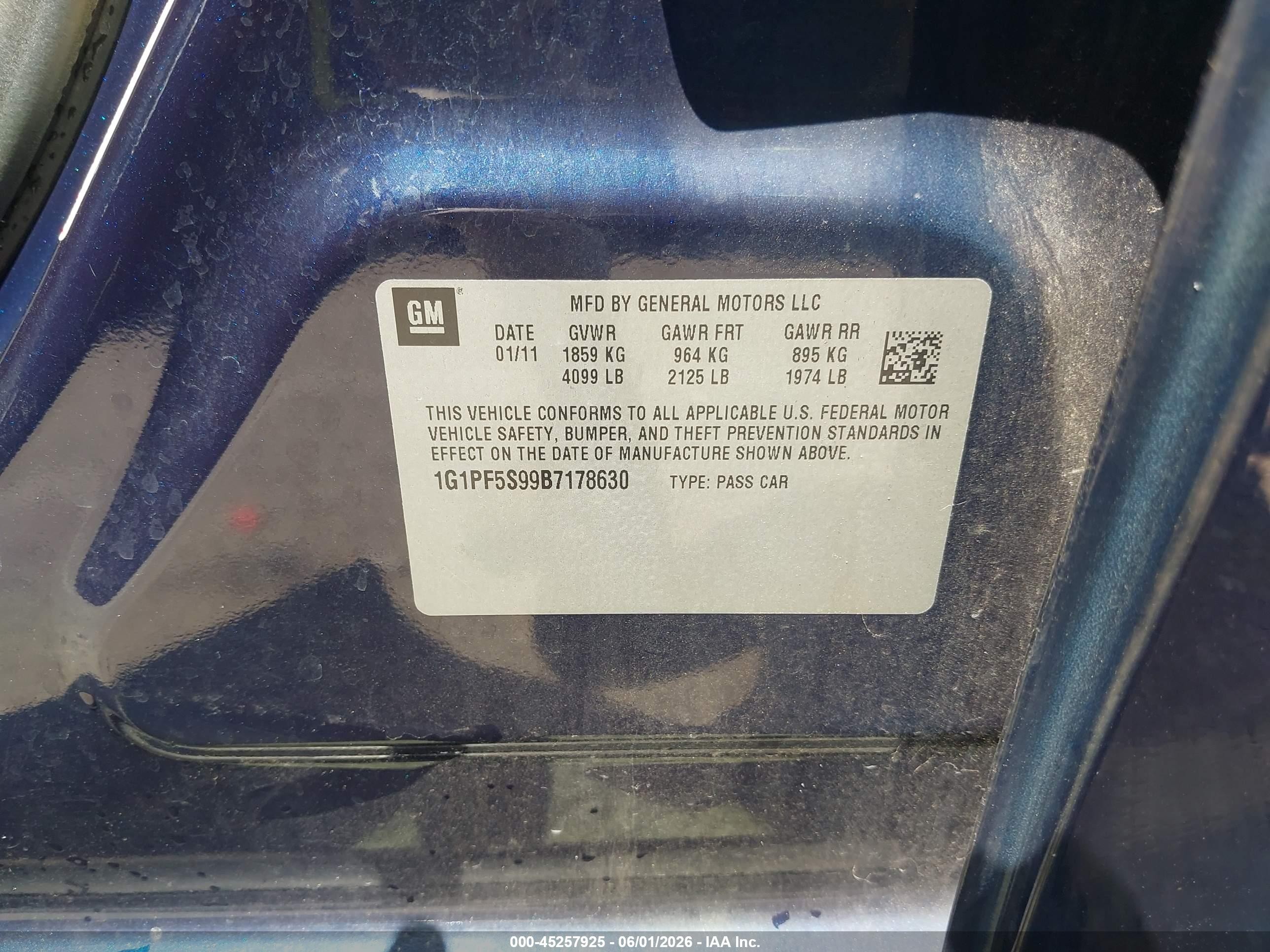 2011 Chevrolet Cruze 1lt Blue vin: 1G1PF5S99B7178630