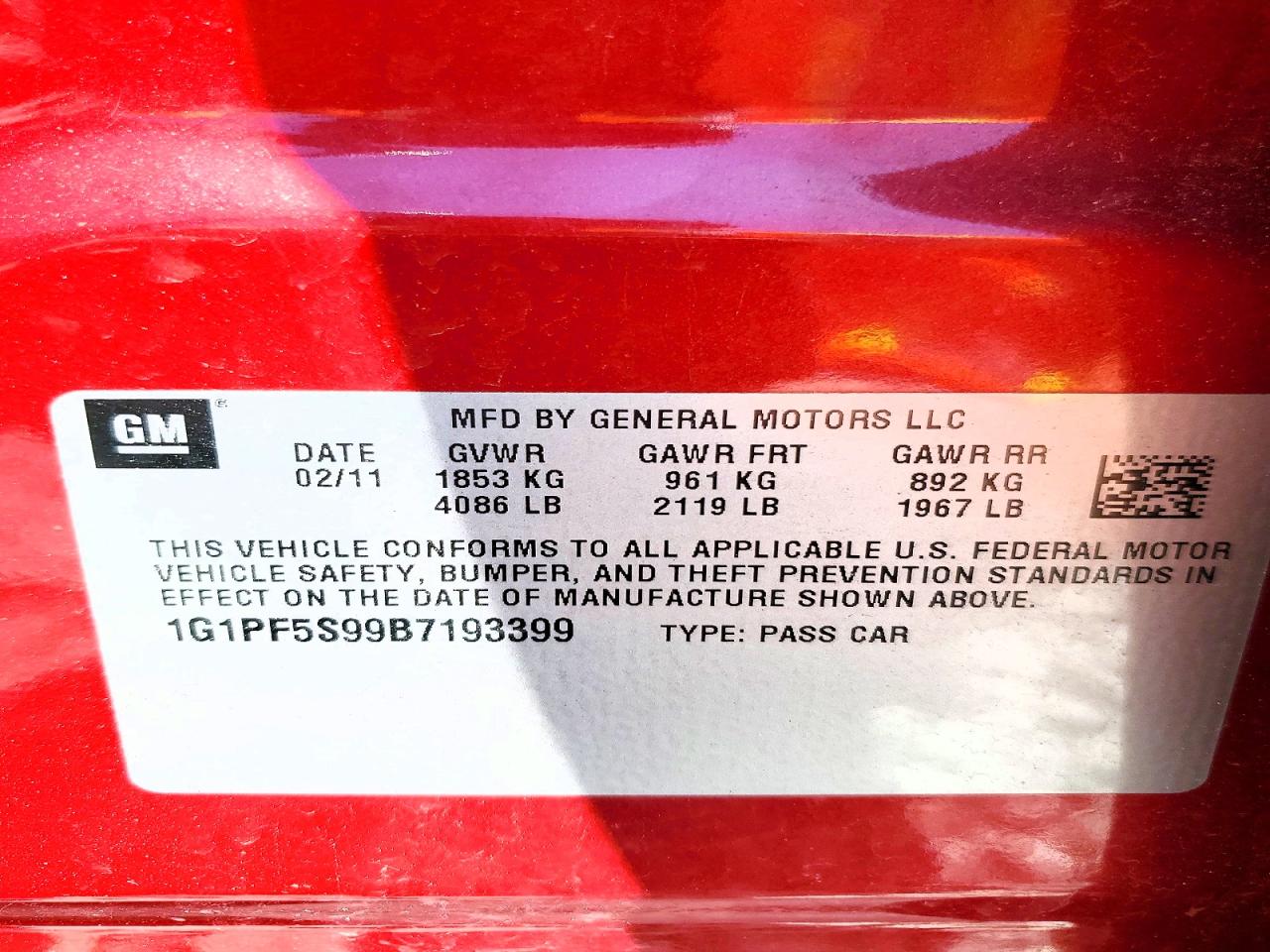 2011 Chevrolet Cruze Lt Red vin: 1G1PF5S99B7193399