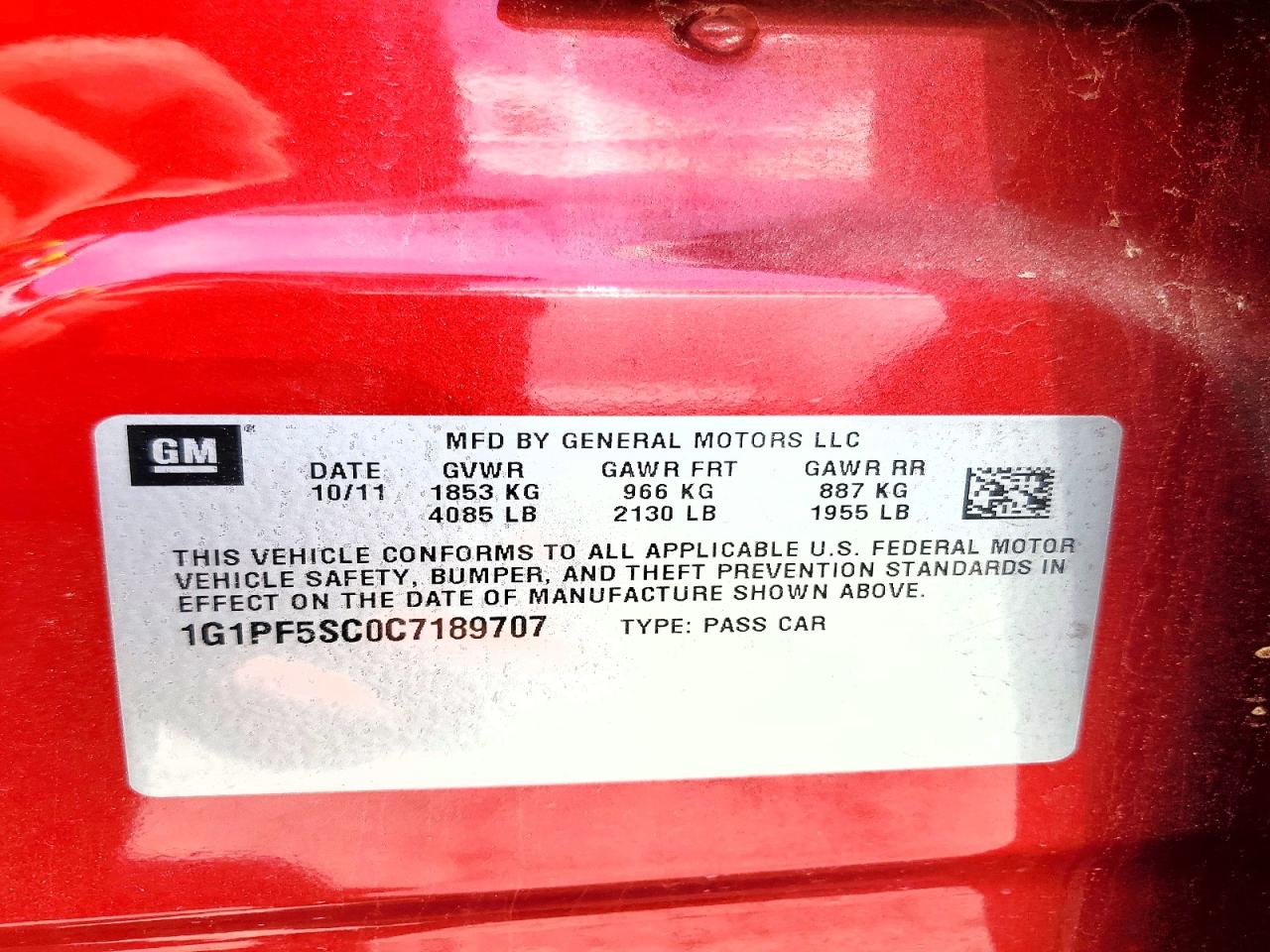 2012 Chevrolet Cruze Lt Red vin: 1G1PF5SC0C7189707