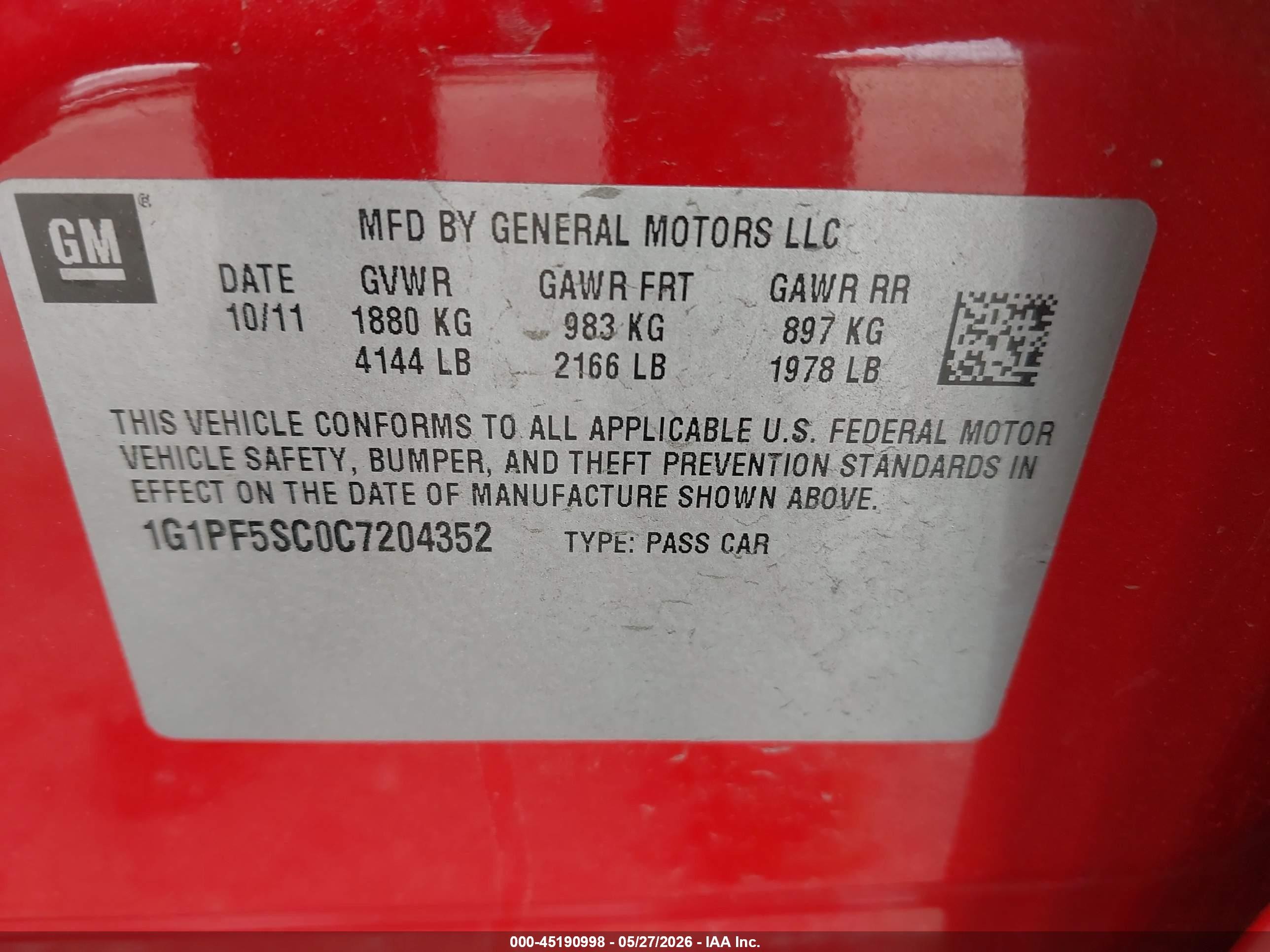 2012 Chevrolet Cruze 1lt Red vin: 1G1PF5SC0C7204352