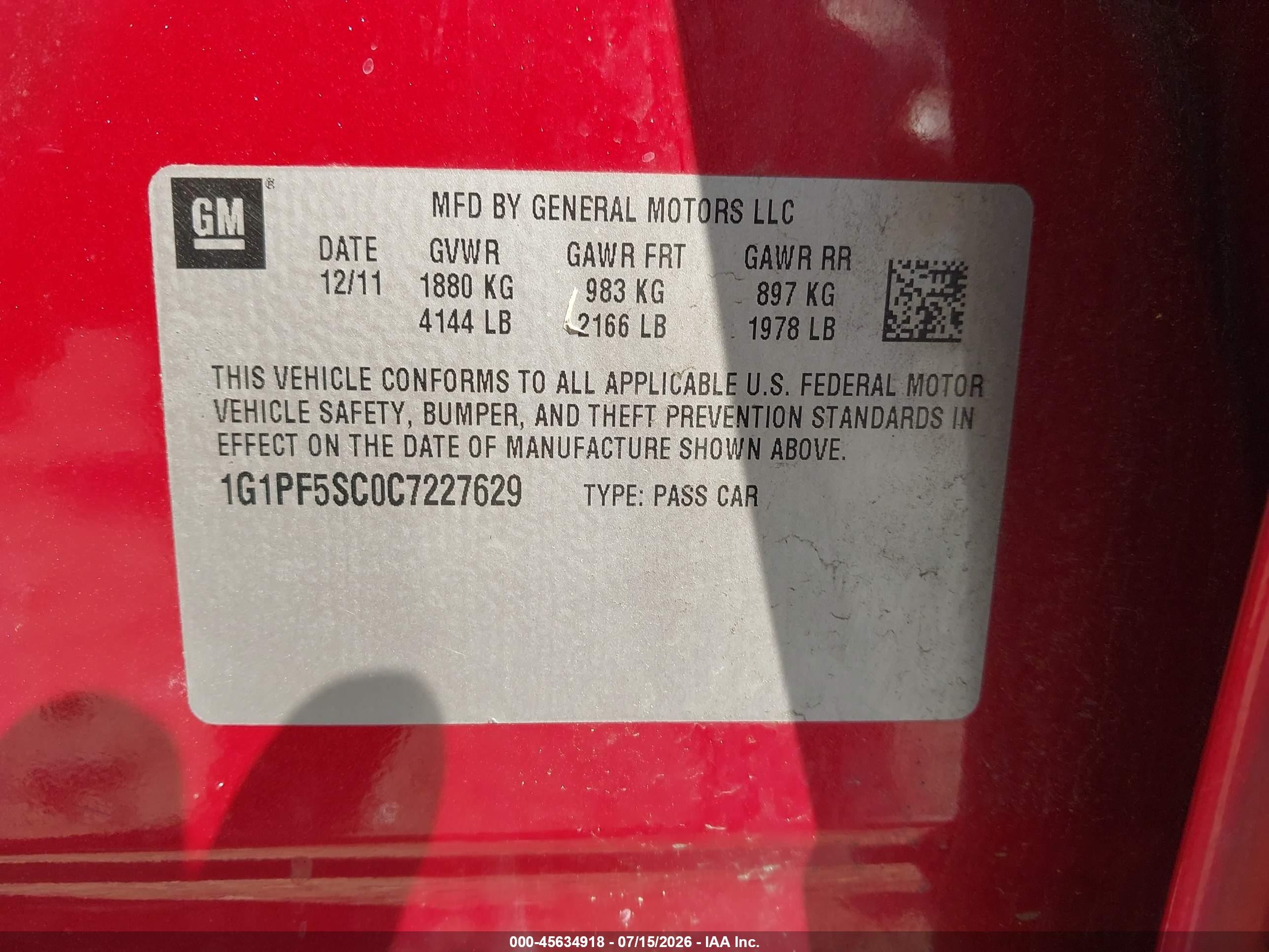 2012 Chevrolet Cruze 1lt Red vin: 1G1PF5SC0C7227629