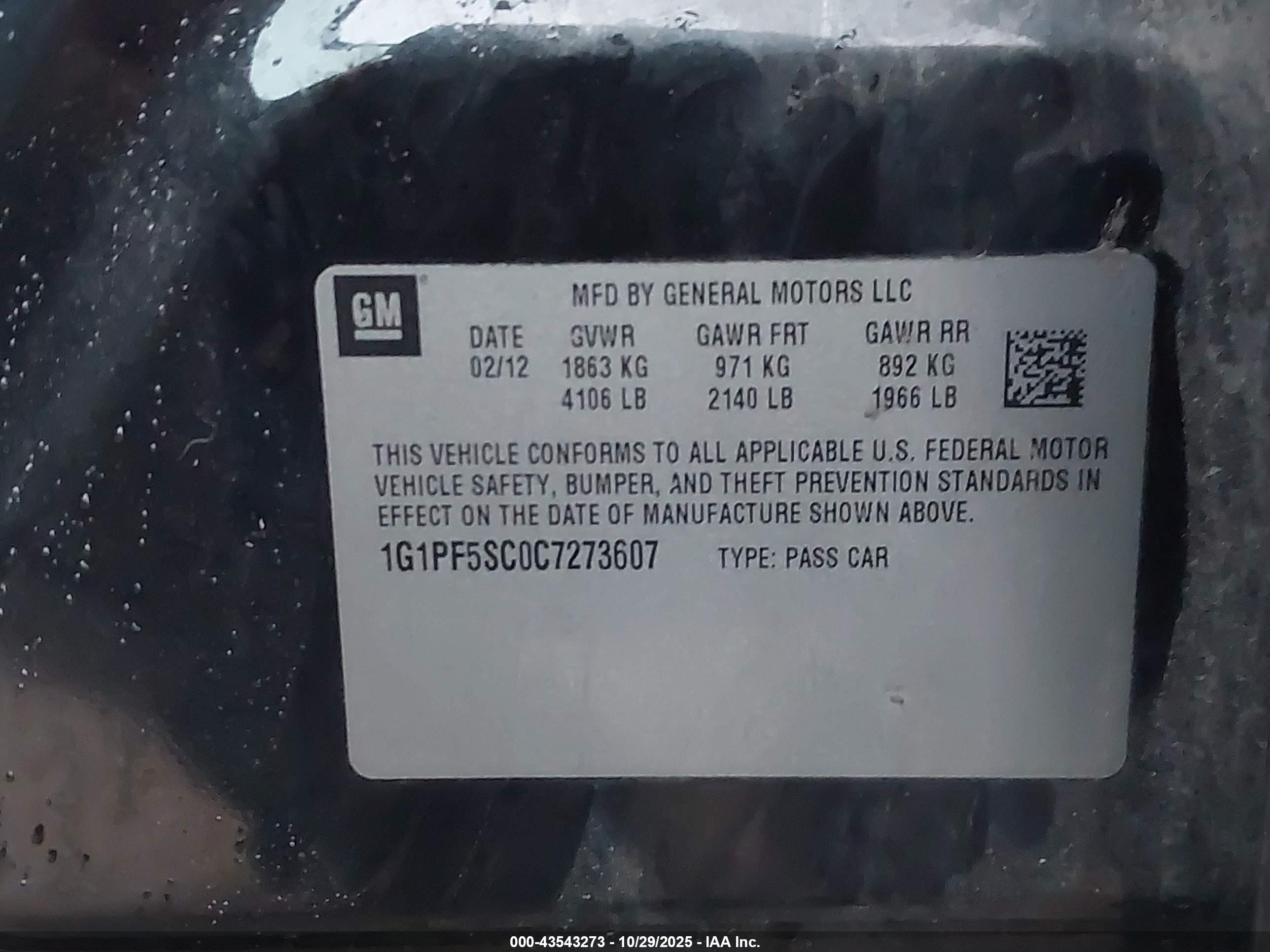 2012 Chevrolet Cruze 1lt Black vin: 1G1PF5SC0C7273607