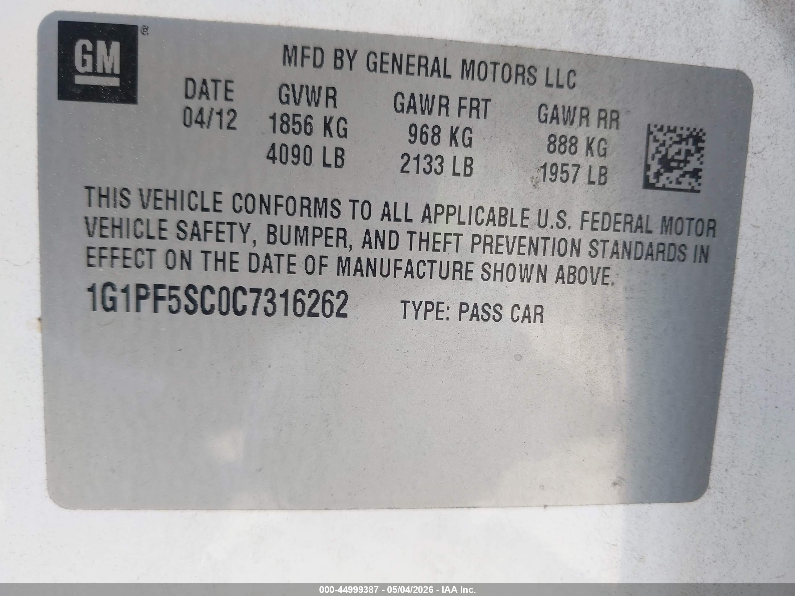 2012 Chevrolet Cruze 1lt White vin: 1G1PF5SC0C7316262