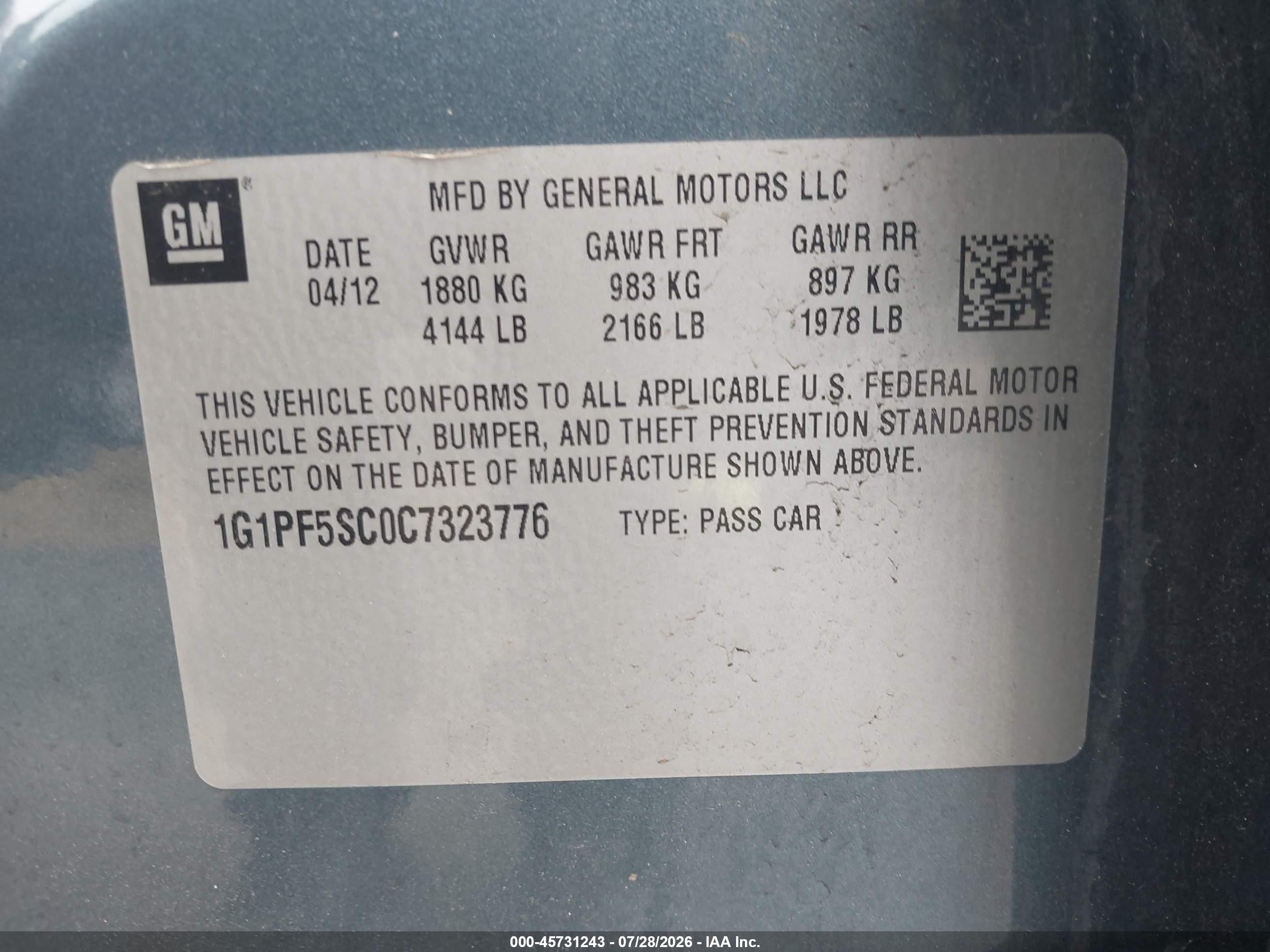 2012 Chevrolet Cruze 1lt Blue vin: 1G1PF5SC0C7323776