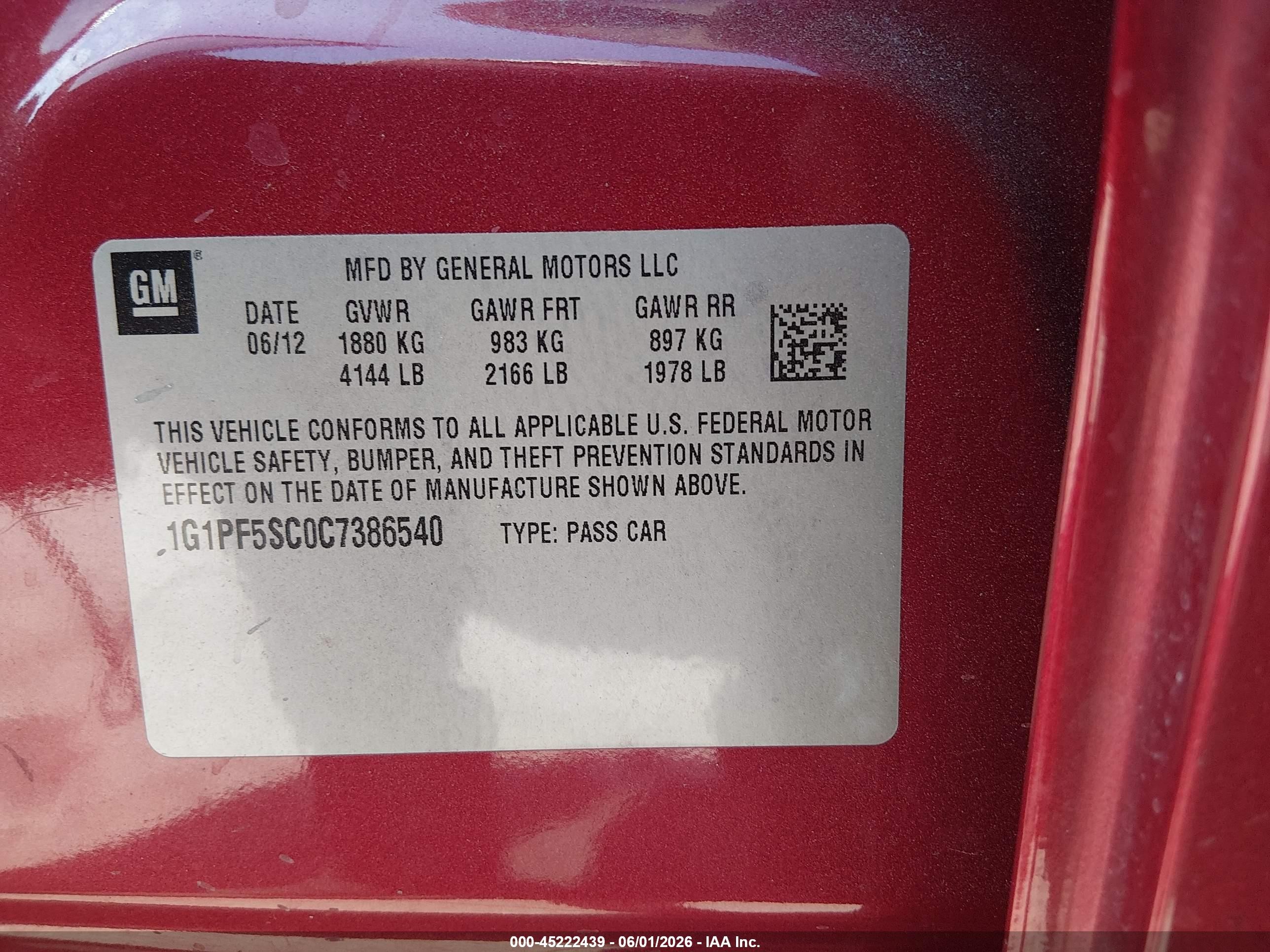 2012 Chevrolet Cruze 1lt Red vin: 1G1PF5SC0C7386540