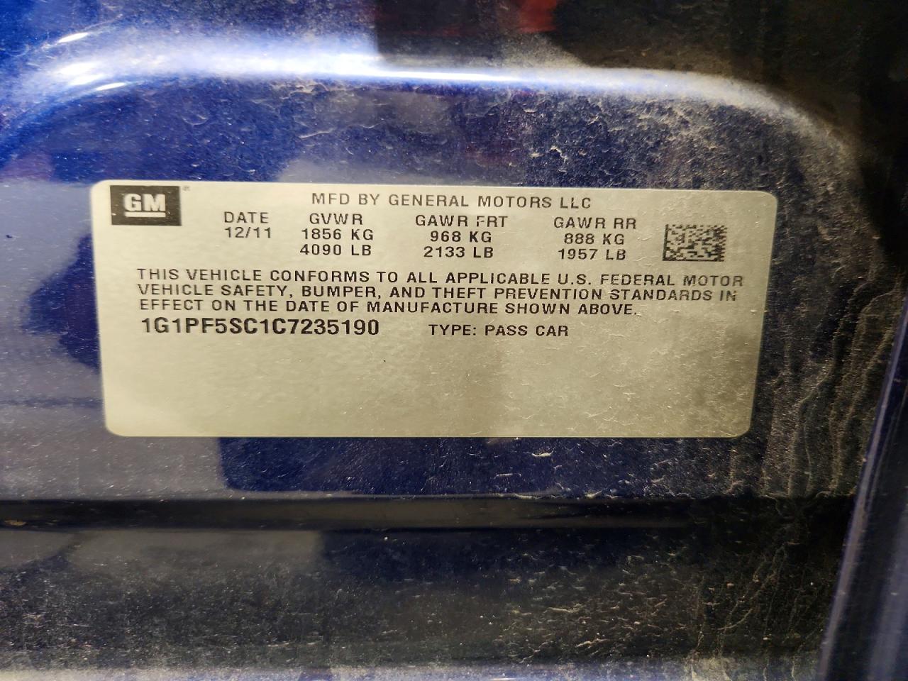 2012 Chevrolet Cruze Lt Blue vin: 1G1PF5SC1C7235190