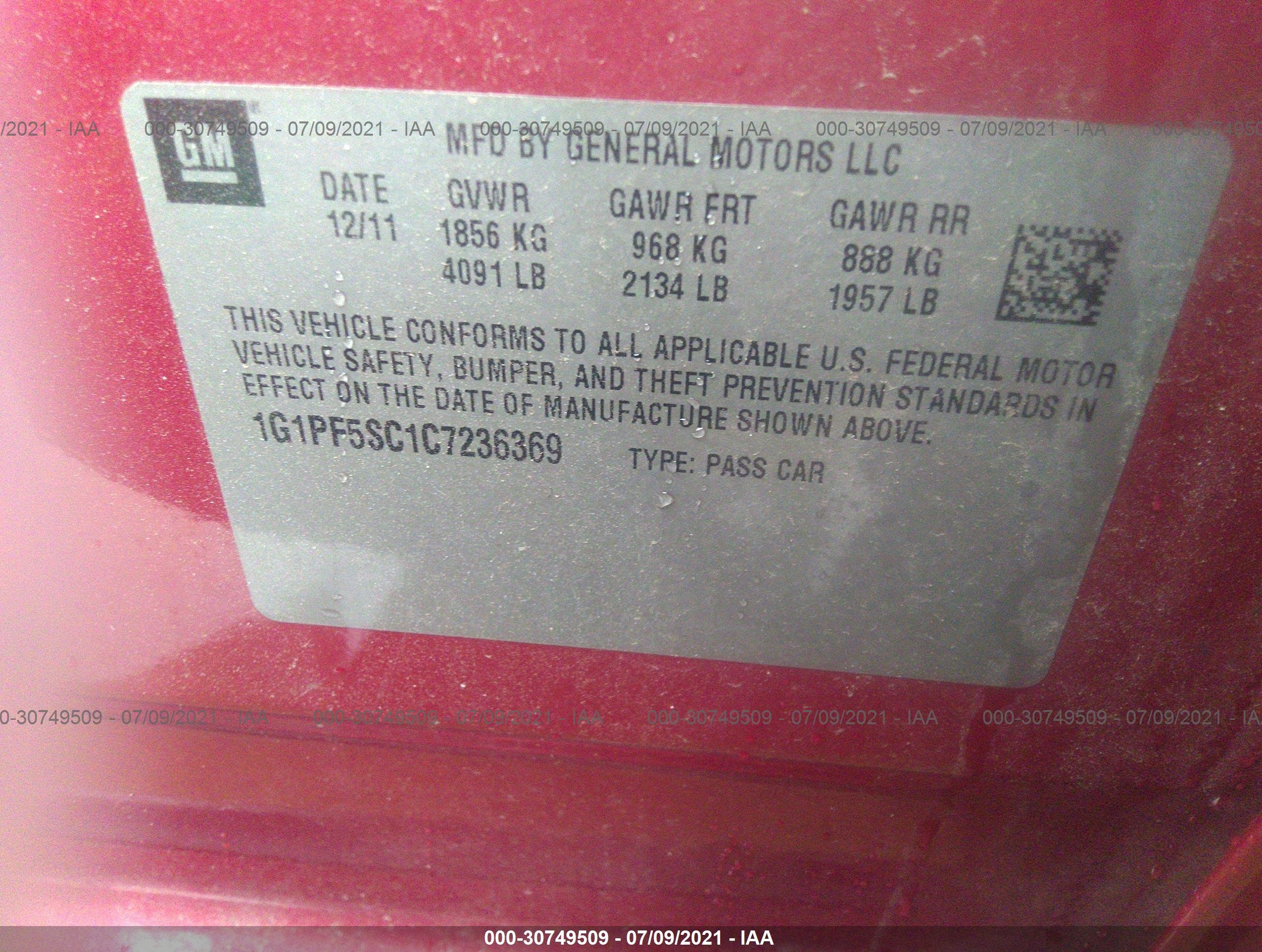 2012 Chevrolet Cruze 1lt Red vin: 1G1PF5SC1C7236369