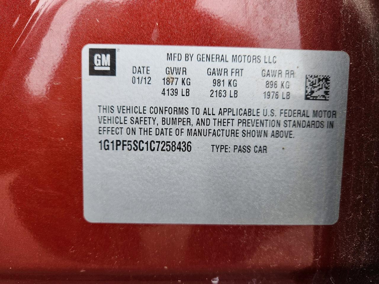 2012 Chevrolet Cruze Lt Red vin: 1G1PF5SC1C7258436