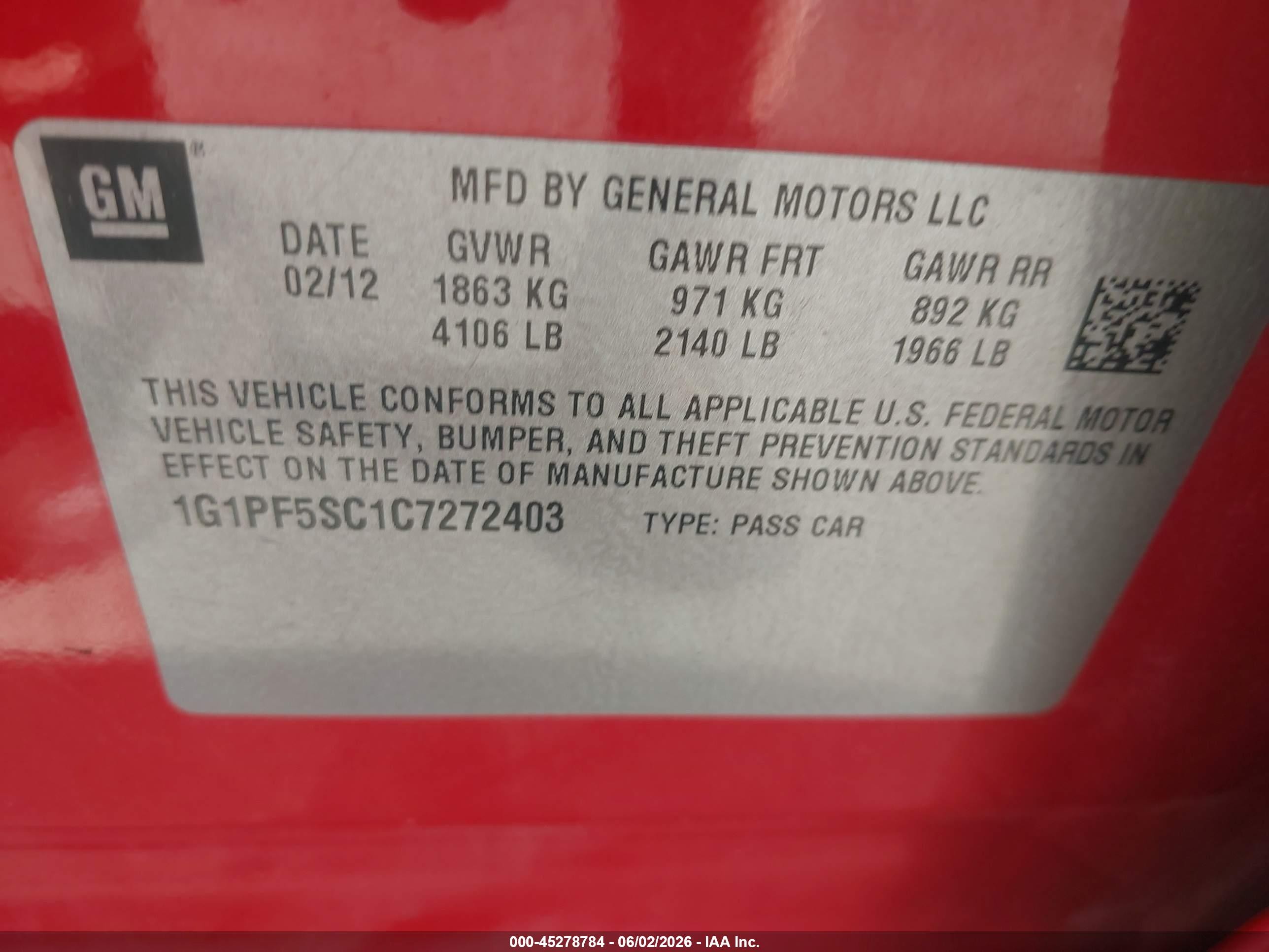 2012 Chevrolet Cruze 1lt Red vin: 1G1PF5SC1C7272403