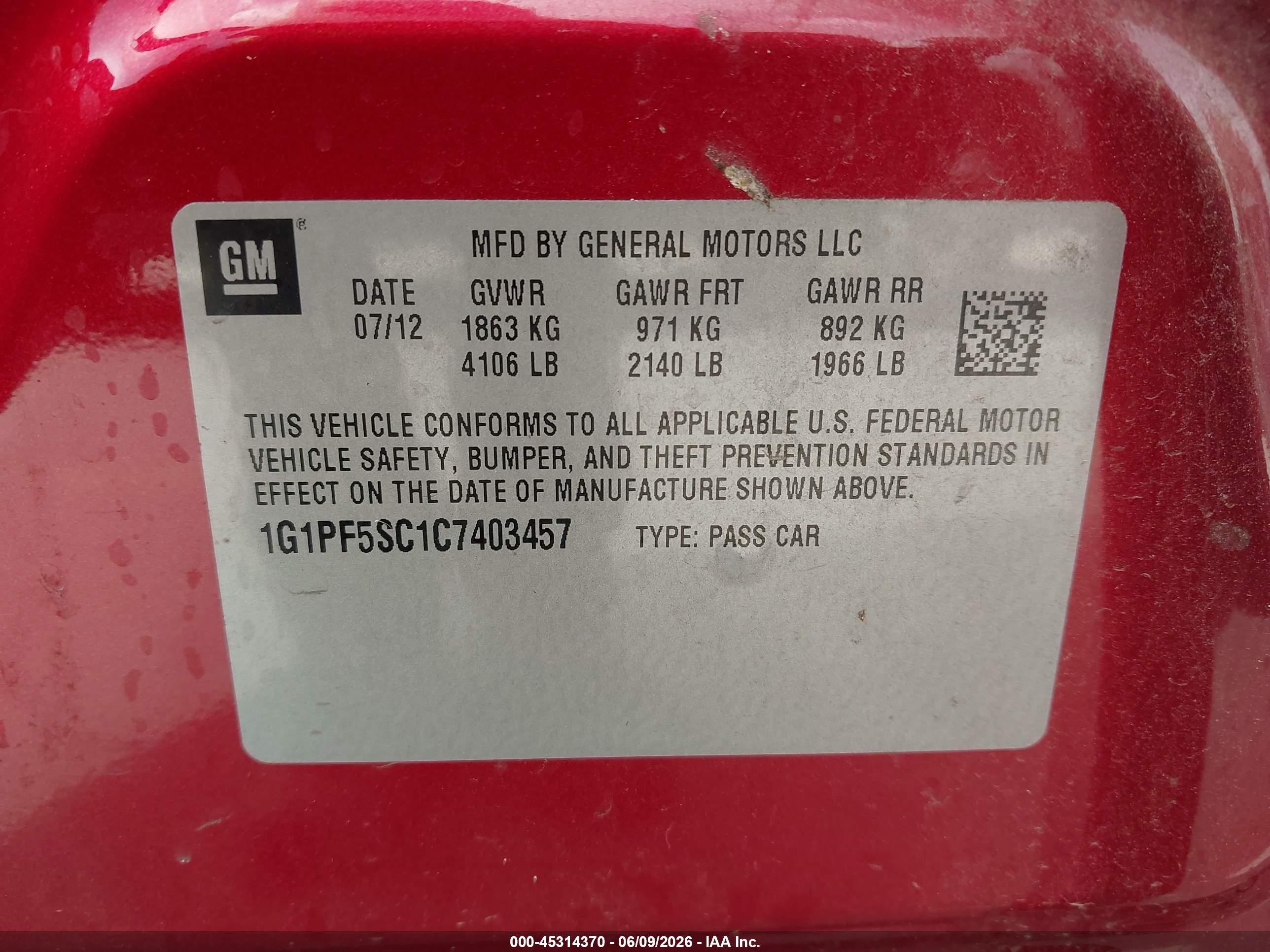 2012 Chevrolet Cruze 1lt Красный vin: 1G1PF5SC1C7403457