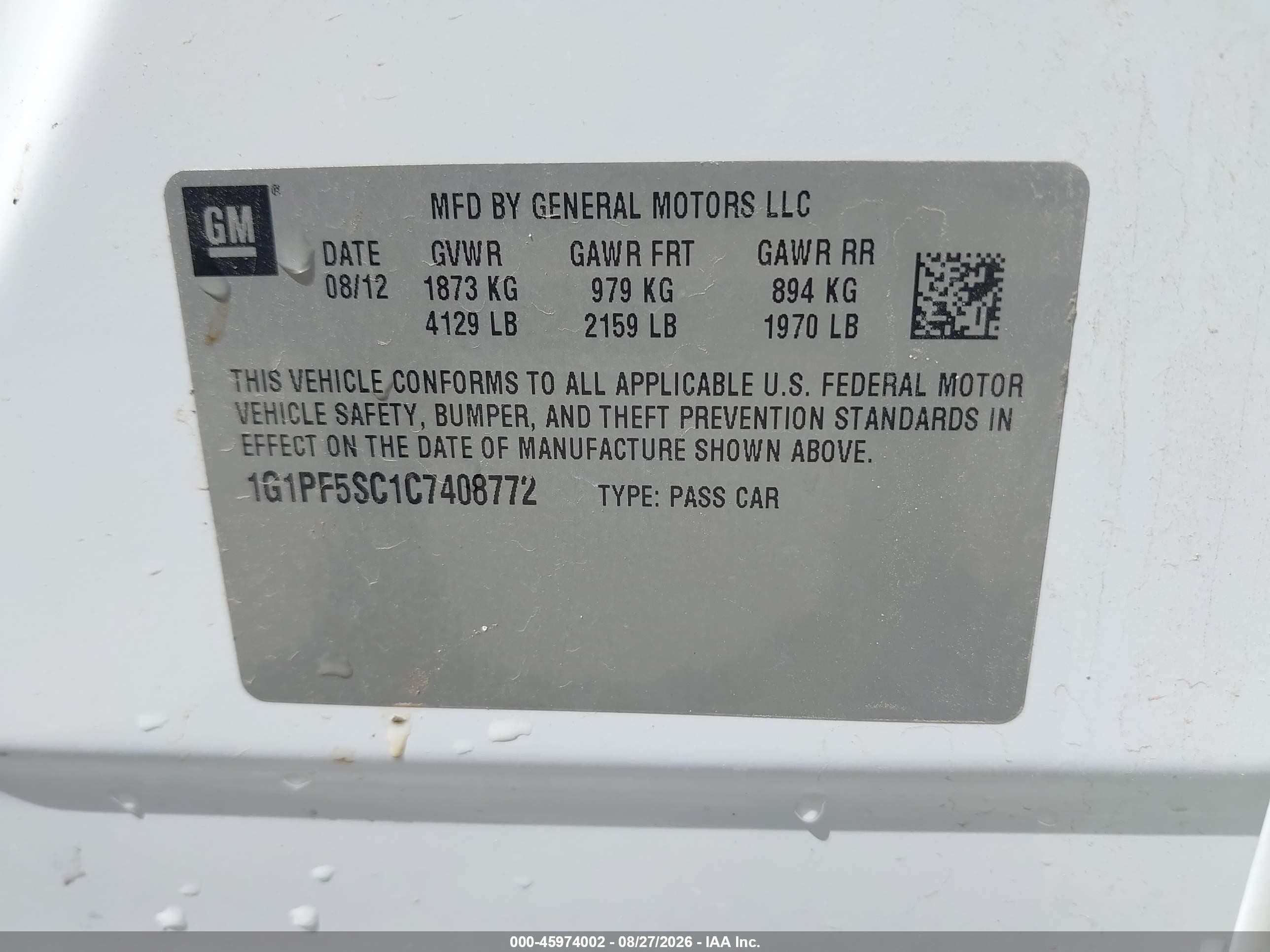 2012 Chevrolet Cruze 1lt White vin: 1G1PF5SC1C7408772