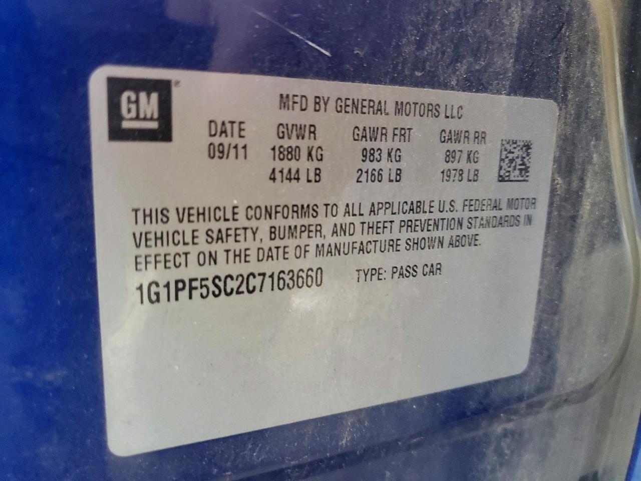 2012 Chevrolet Cruze Lt Blue vin: 1G1PF5SC2C7163660