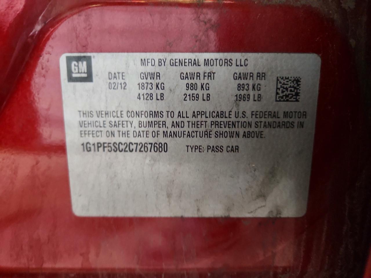 2012 Chevrolet Cruze Lt Red vin: 1G1PF5SC2C7267680