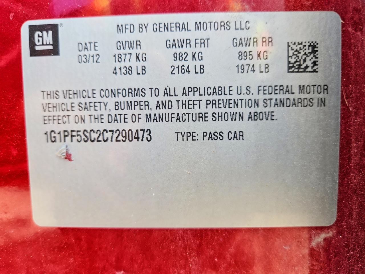 2012 Chevrolet Cruze Lt Red vin: 1G1PF5SC2C7290473