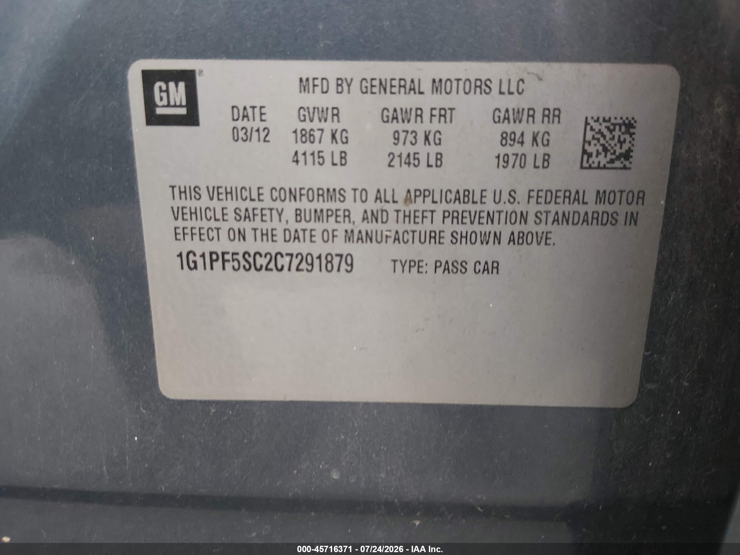 2012 Chevrolet Cruze 1lt Black vin: 1G1PF5SC2C7291879