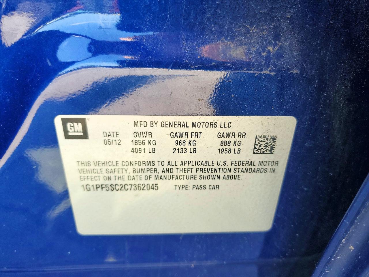 2012 Chevrolet Cruze Lt Blue vin: 1G1PF5SC2C7362045