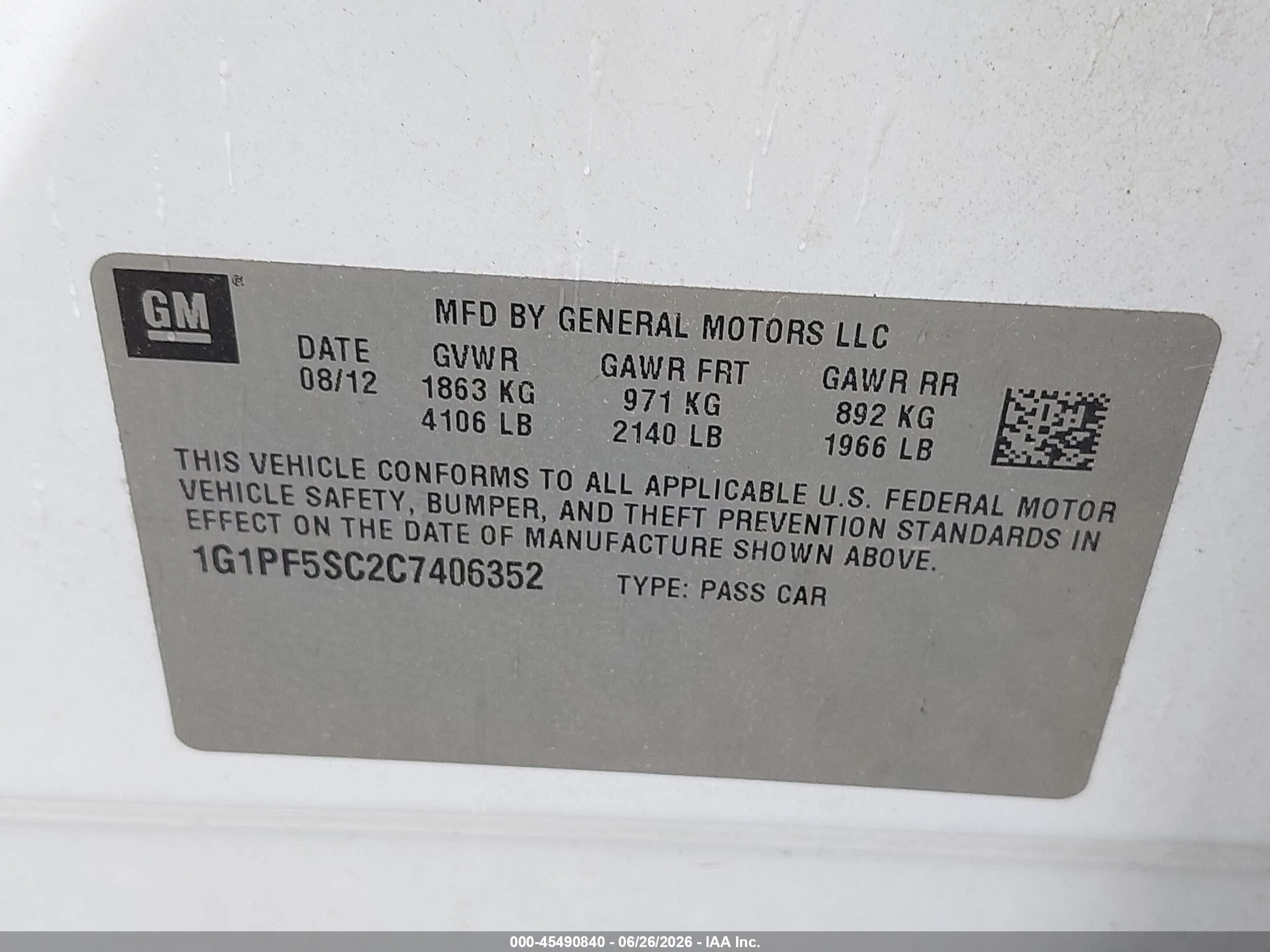 2012 Chevrolet Cruze 1lt White vin: 1G1PF5SC2C7406352