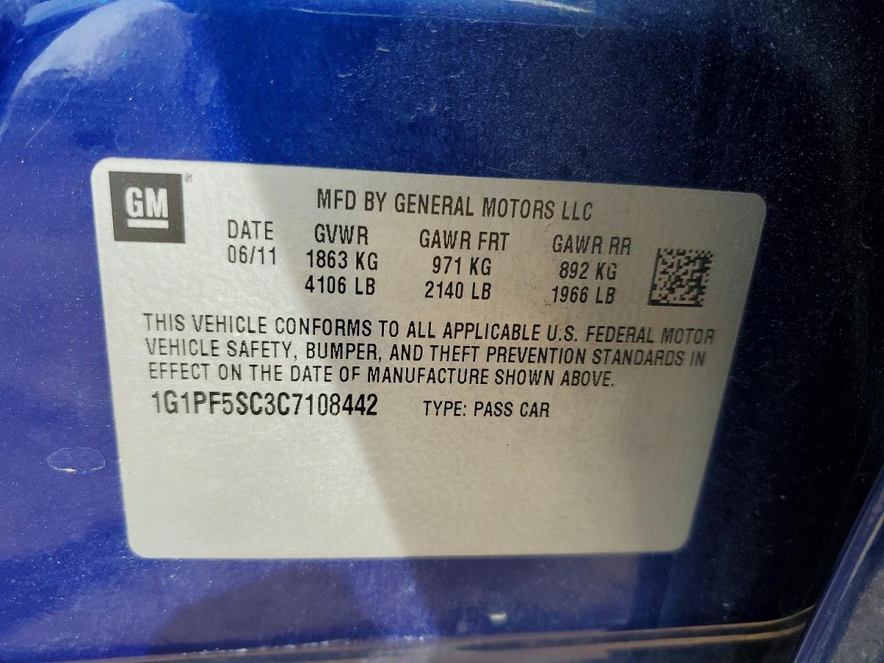 2012 Chevrolet Cruze Lt Blue vin: 1G1PF5SC3C7108442