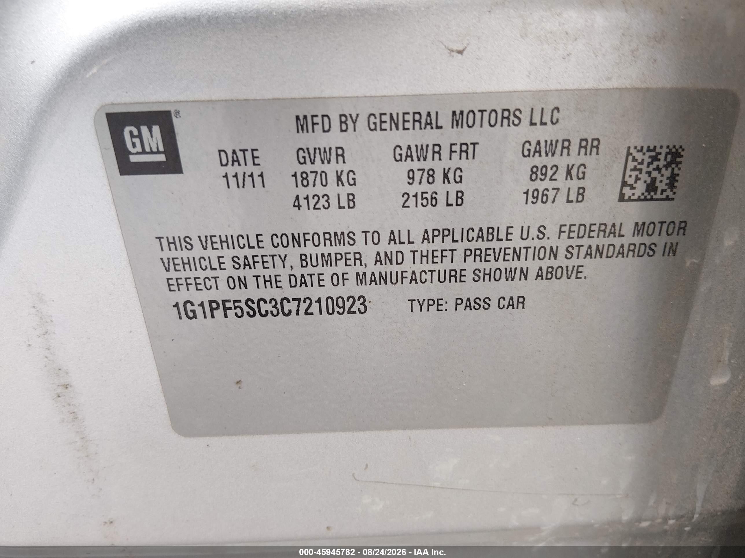 2012 Chevrolet Cruze 1lt Серебряный vin: 1G1PF5SC3C7210923