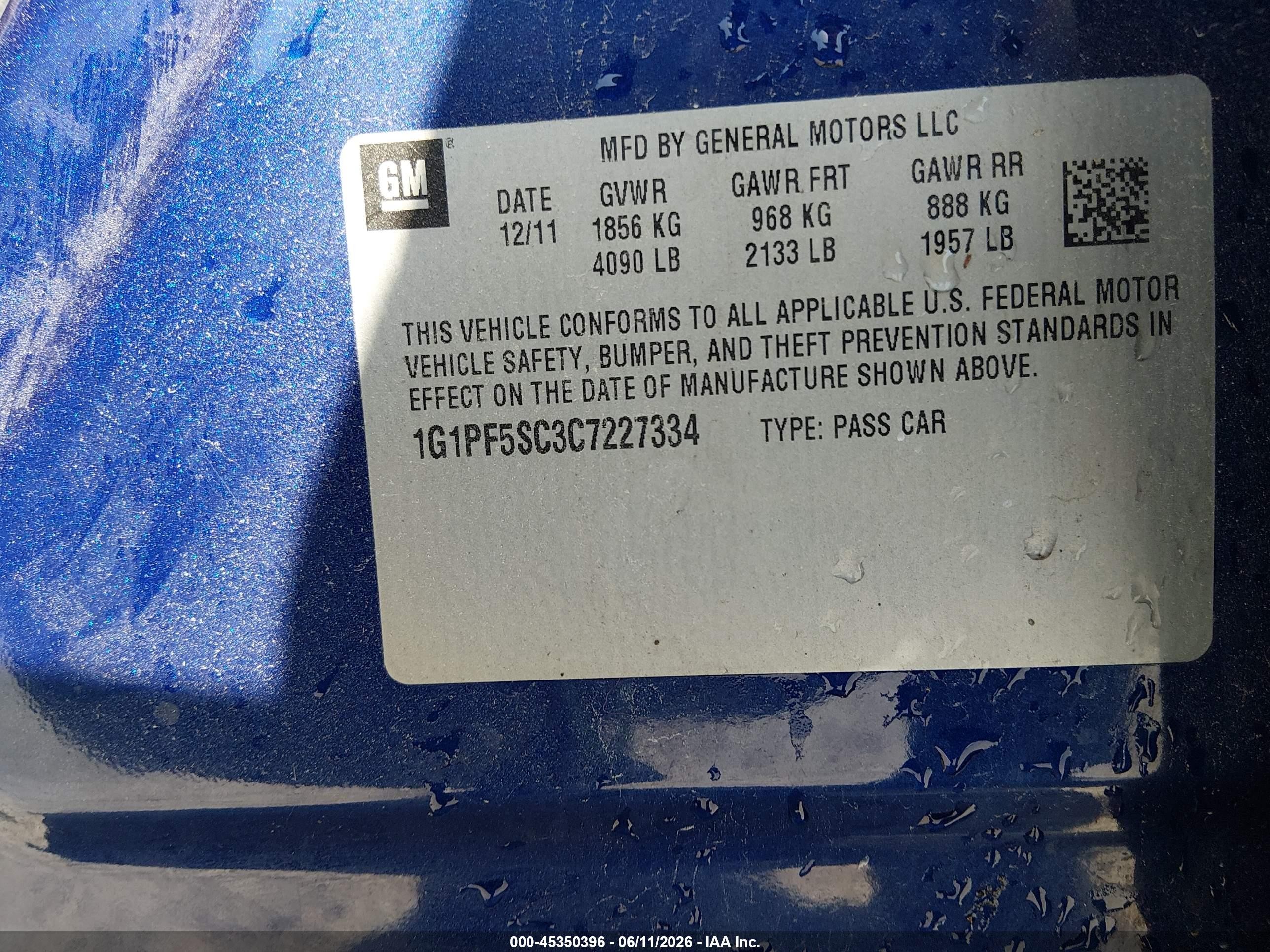 2012 Chevrolet Cruze 1lt Синий vin: 1G1PF5SC3C7227334