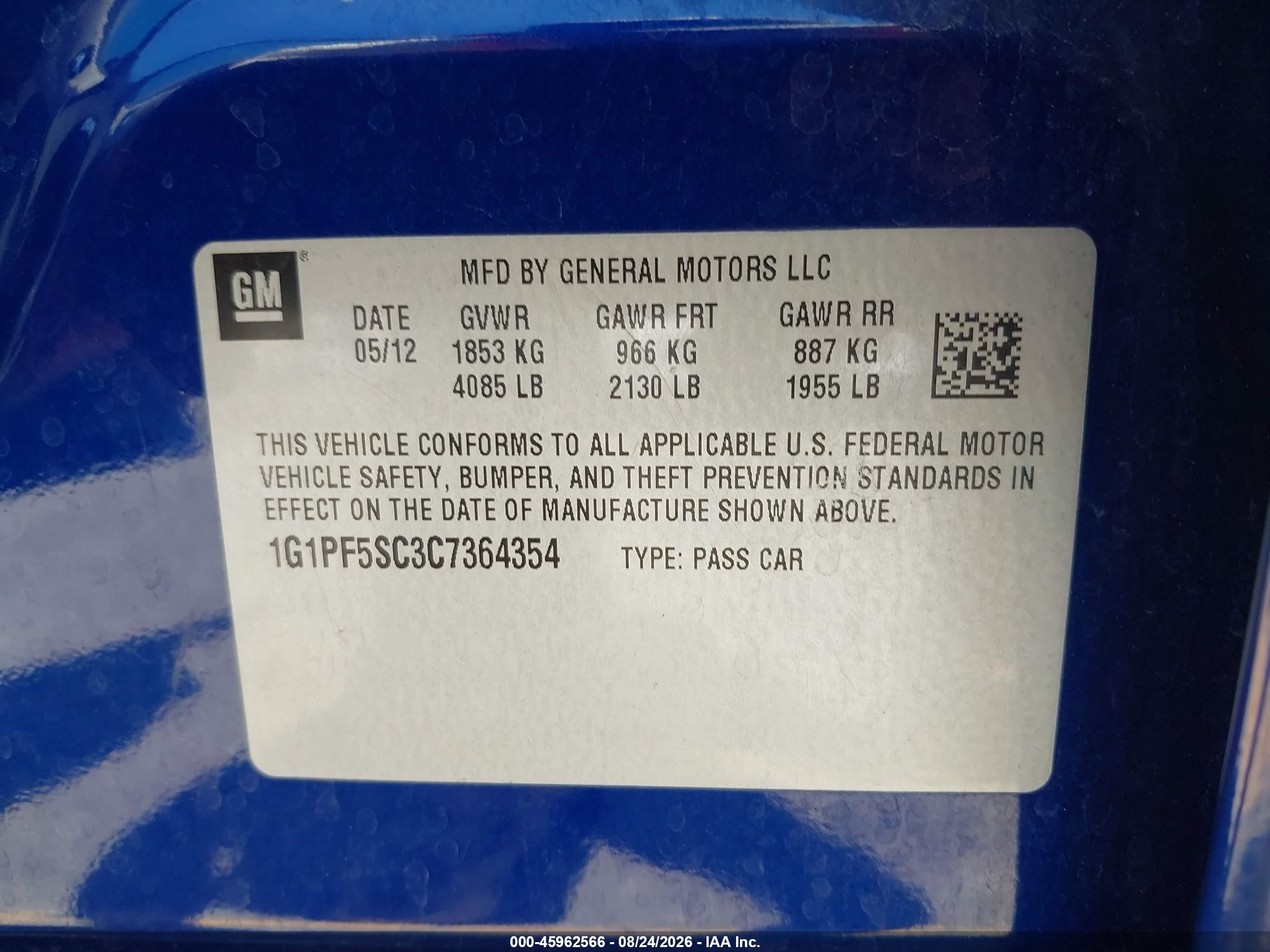2012 Chevrolet Cruze 1lt Blue vin: 1G1PF5SC3C7364354
