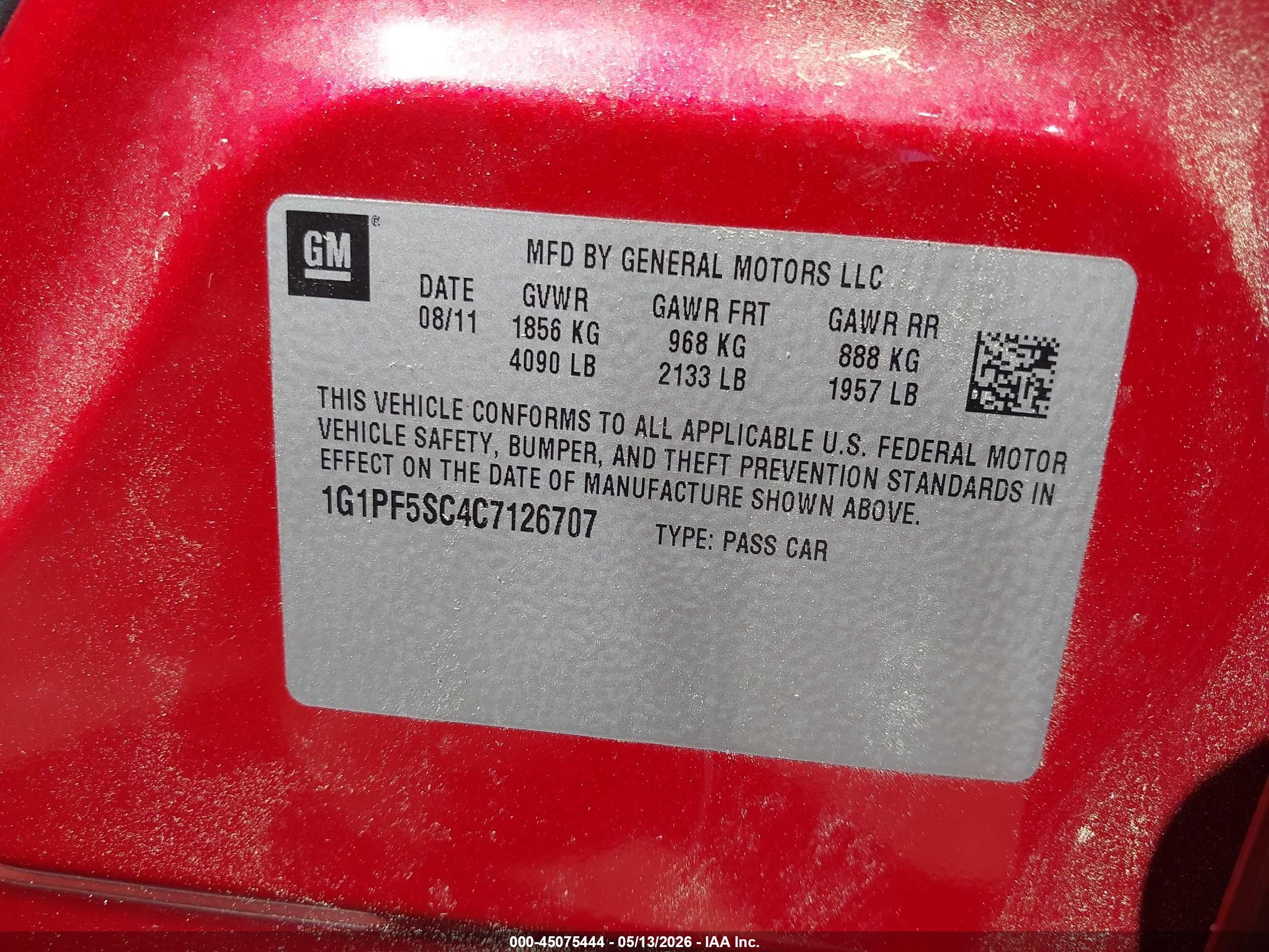 2012 Chevrolet Cruze 1lt Red vin: 1G1PF5SC4C7126707