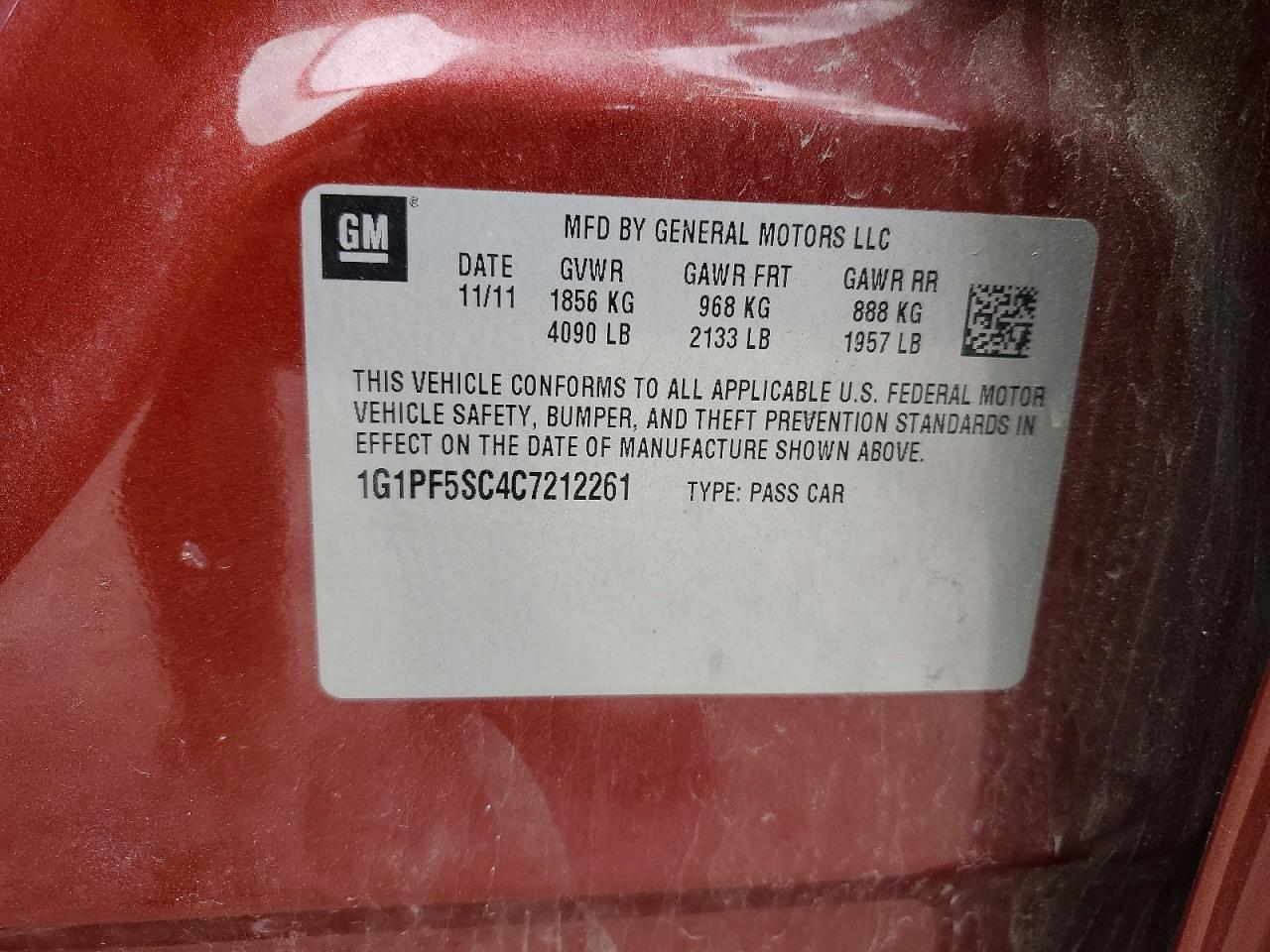 2012 Chevrolet Cruze Lt Red vin: 1G1PF5SC4C7212261