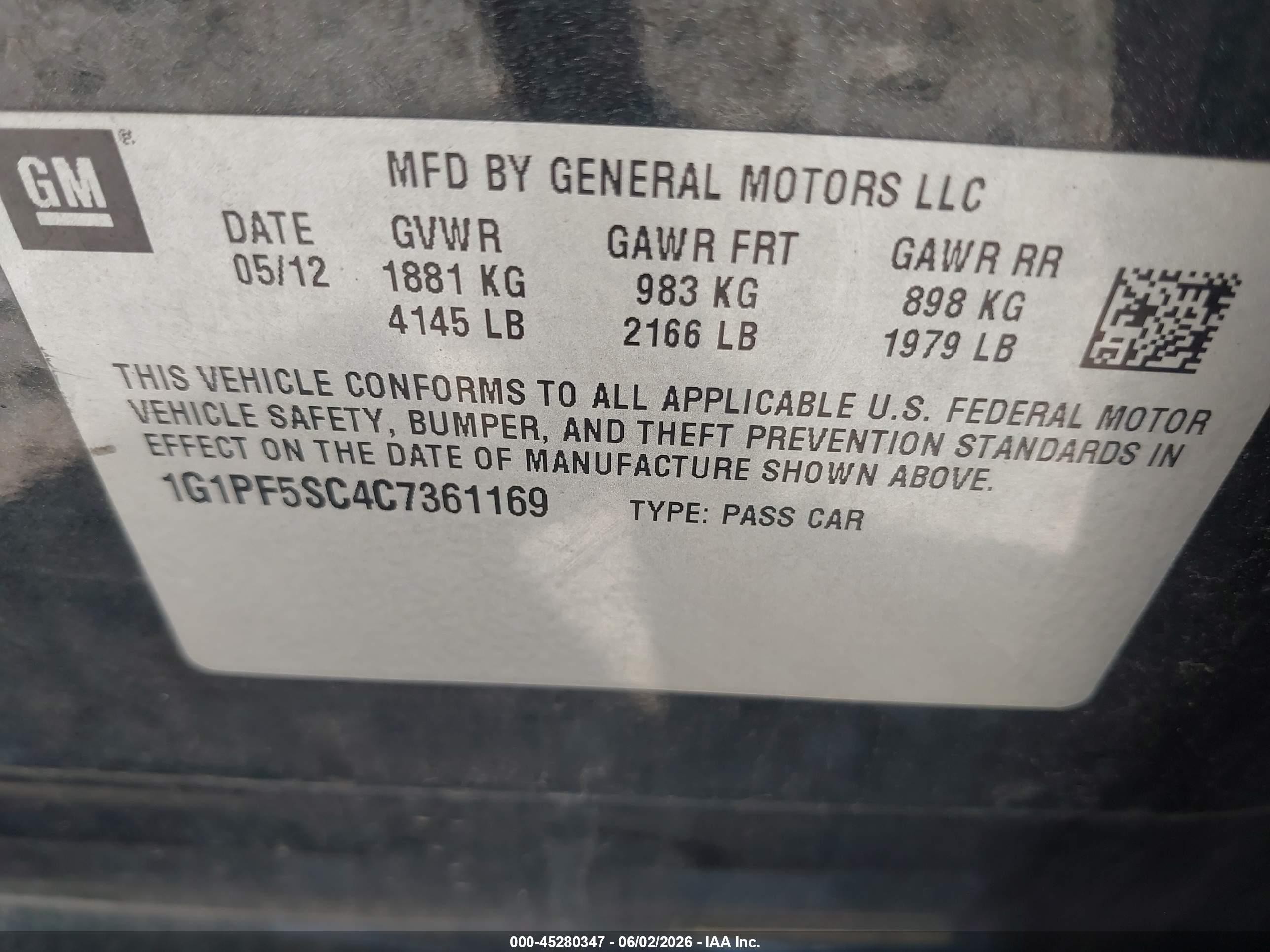 2012 Chevrolet Cruze 1lt Черный vin: 1G1PF5SC4C7361169