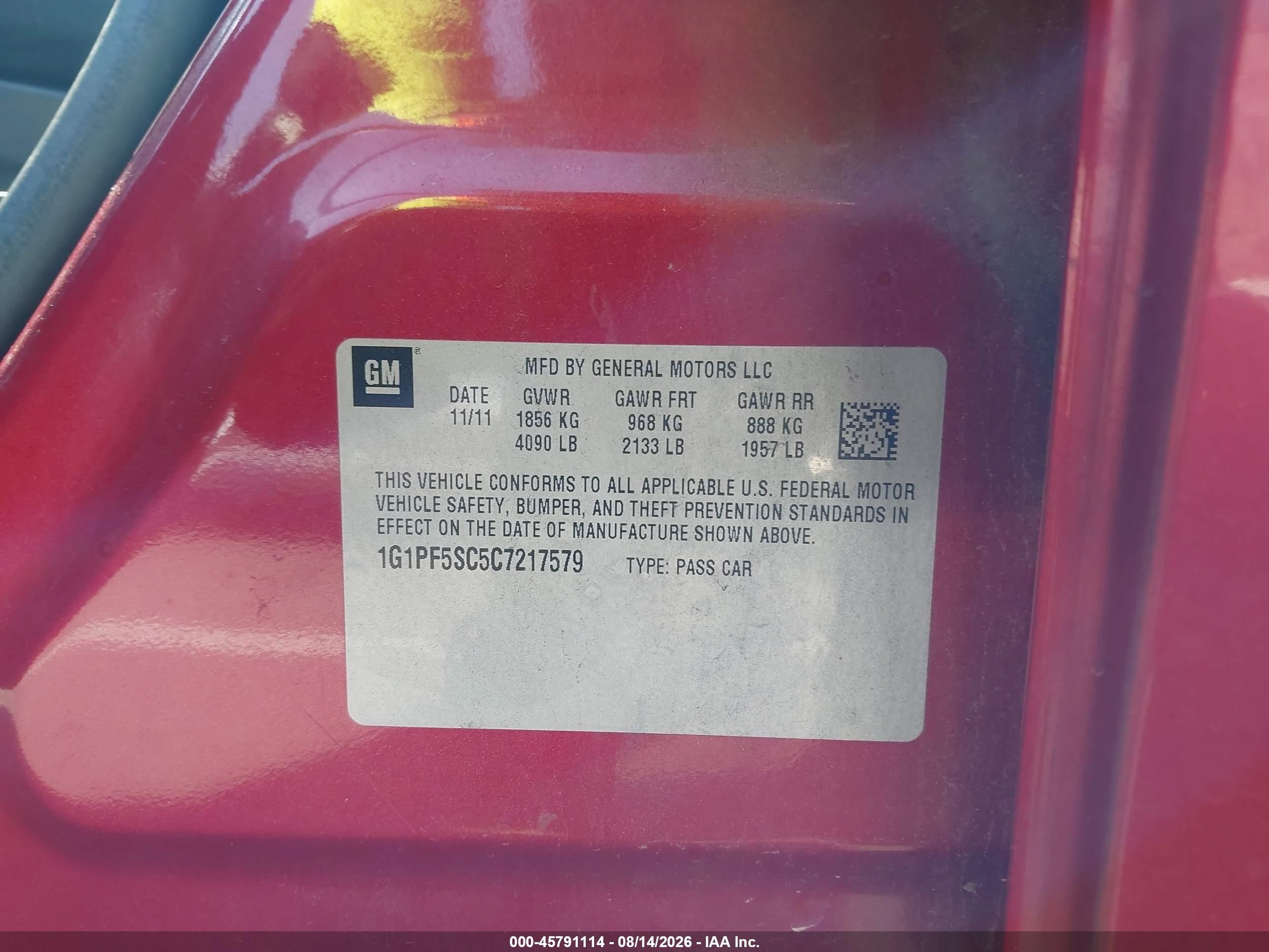 2012 Chevrolet Cruze 1lt Red vin: 1G1PF5SC5C7217579