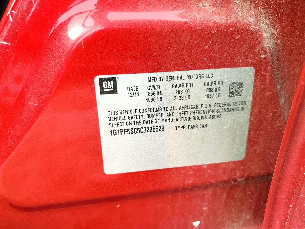 2012 Chevrolet Cruze Lt Red vin: 1G1PF5SC5C7238528