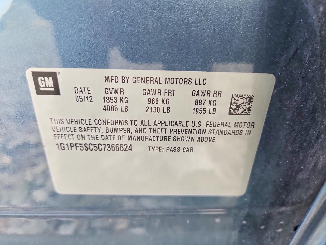 2012 Chevrolet Cruze Lt Blue vin: 1G1PF5SC5C7366624
