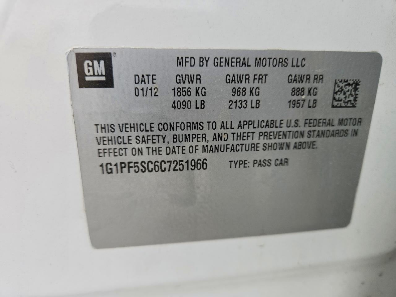 2012 Chevrolet Cruze Lt White vin: 1G1PF5SC6C7251966
