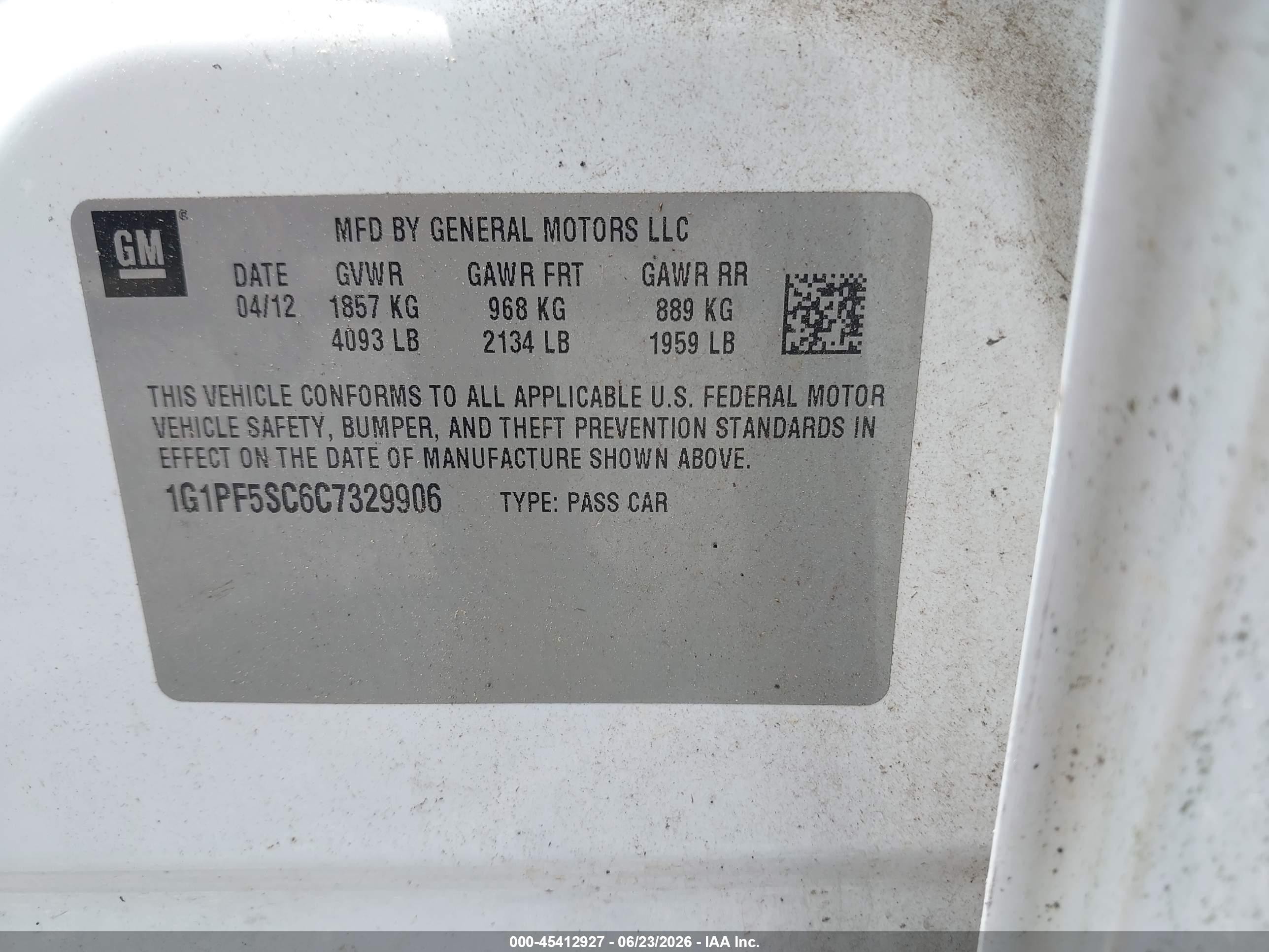 2012 Chevrolet Cruze 1lt White vin: 1G1PF5SC6C7329906