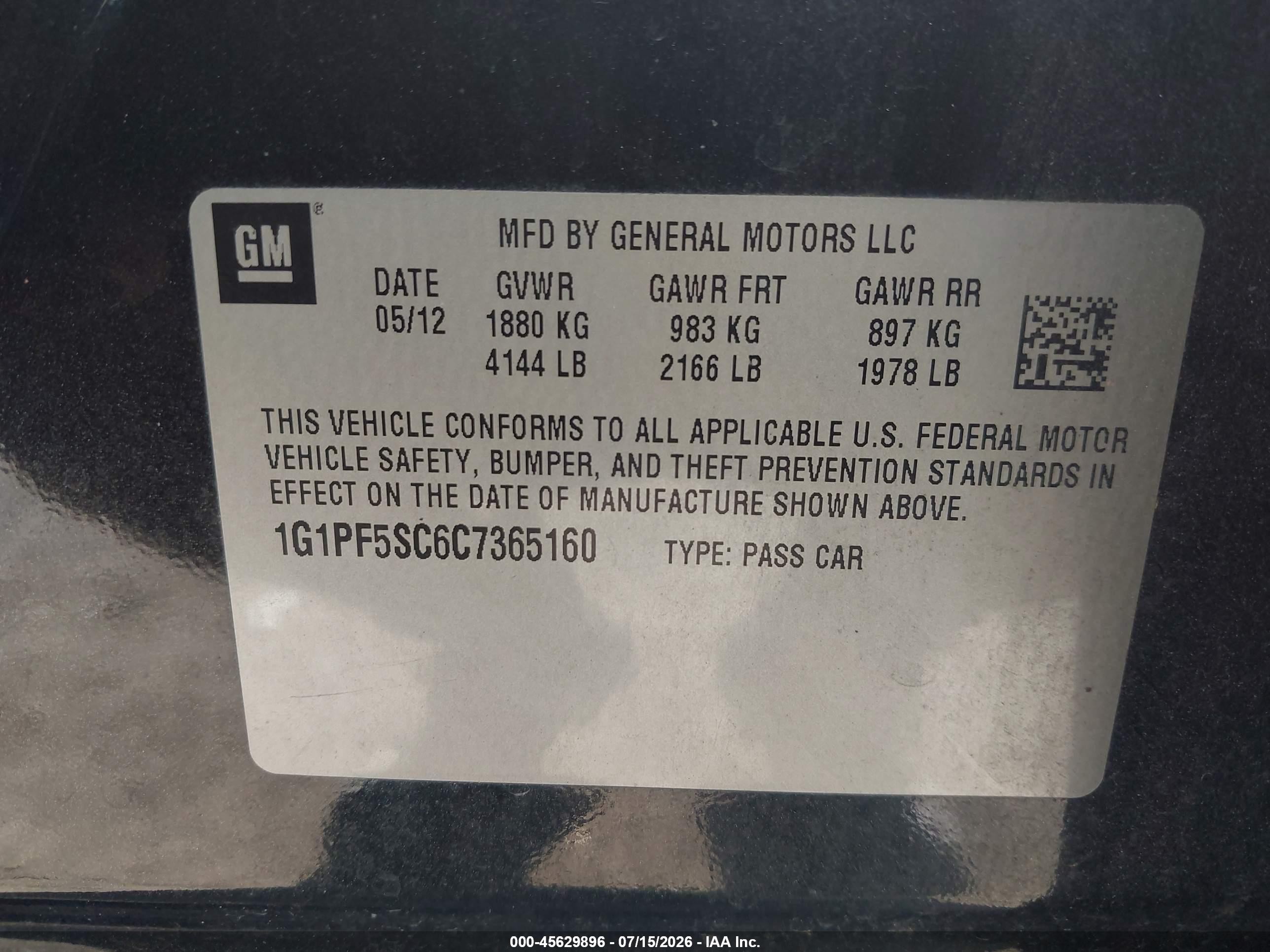 2012 Chevrolet Cruze 1lt Black vin: 1G1PF5SC6C7365160