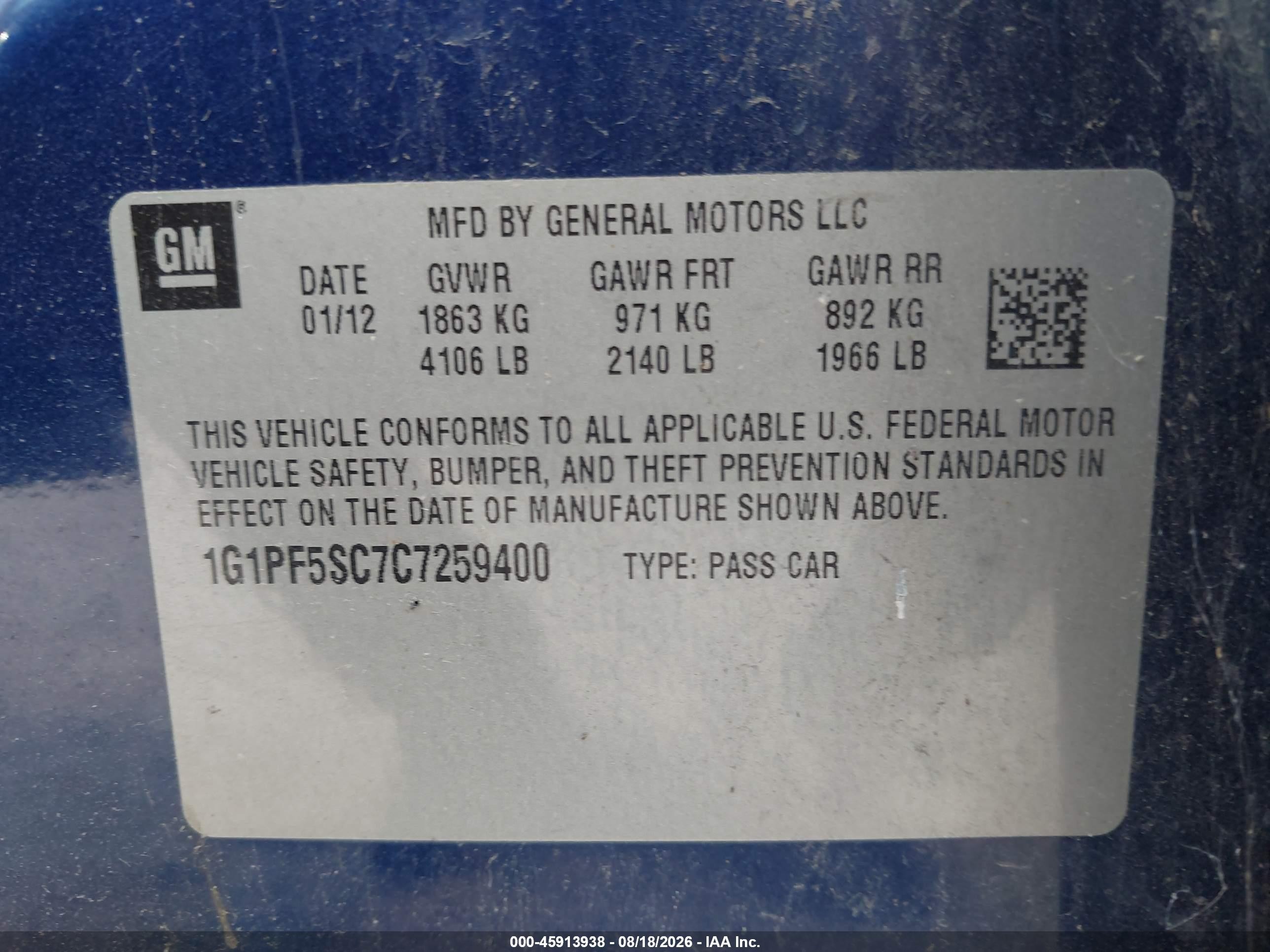 2012 Chevrolet Cruze 1lt Blue vin: 1G1PF5SC7C7259400