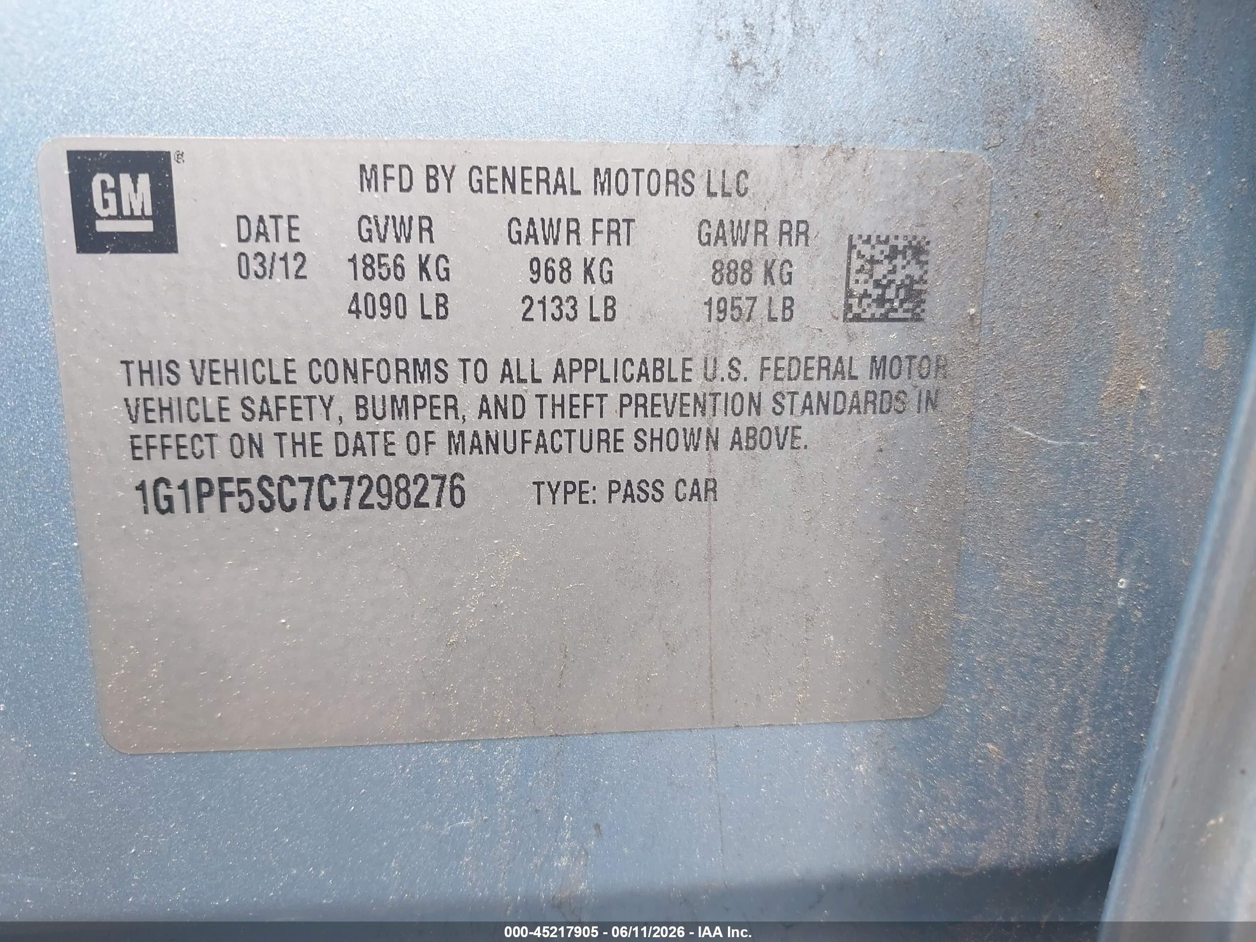 2012 Chevrolet Cruze 1lt Blue vin: 1G1PF5SC7C7298276