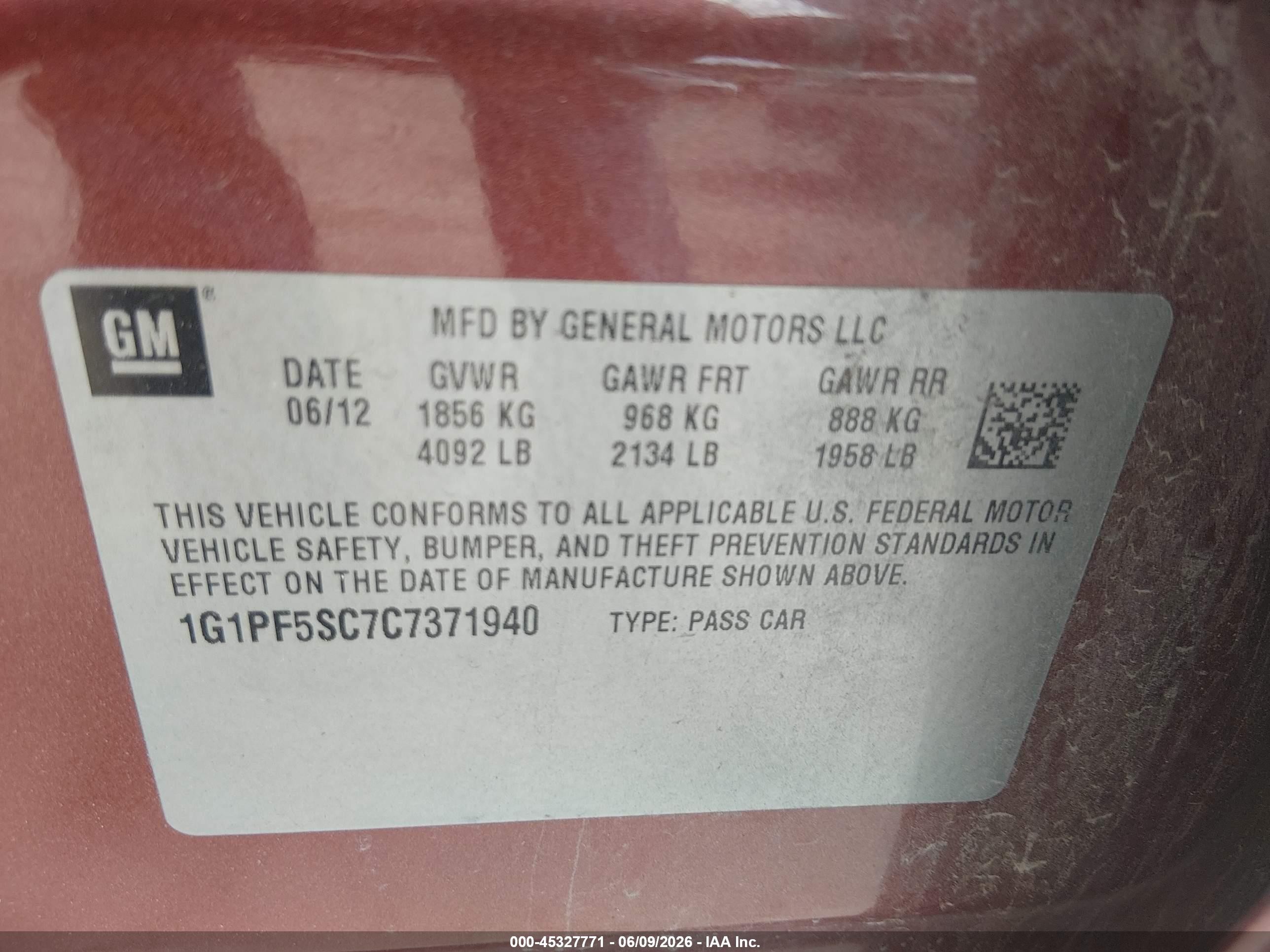 2012 Chevrolet Cruze 1lt Burgundy vin: 1G1PF5SC7C7371940