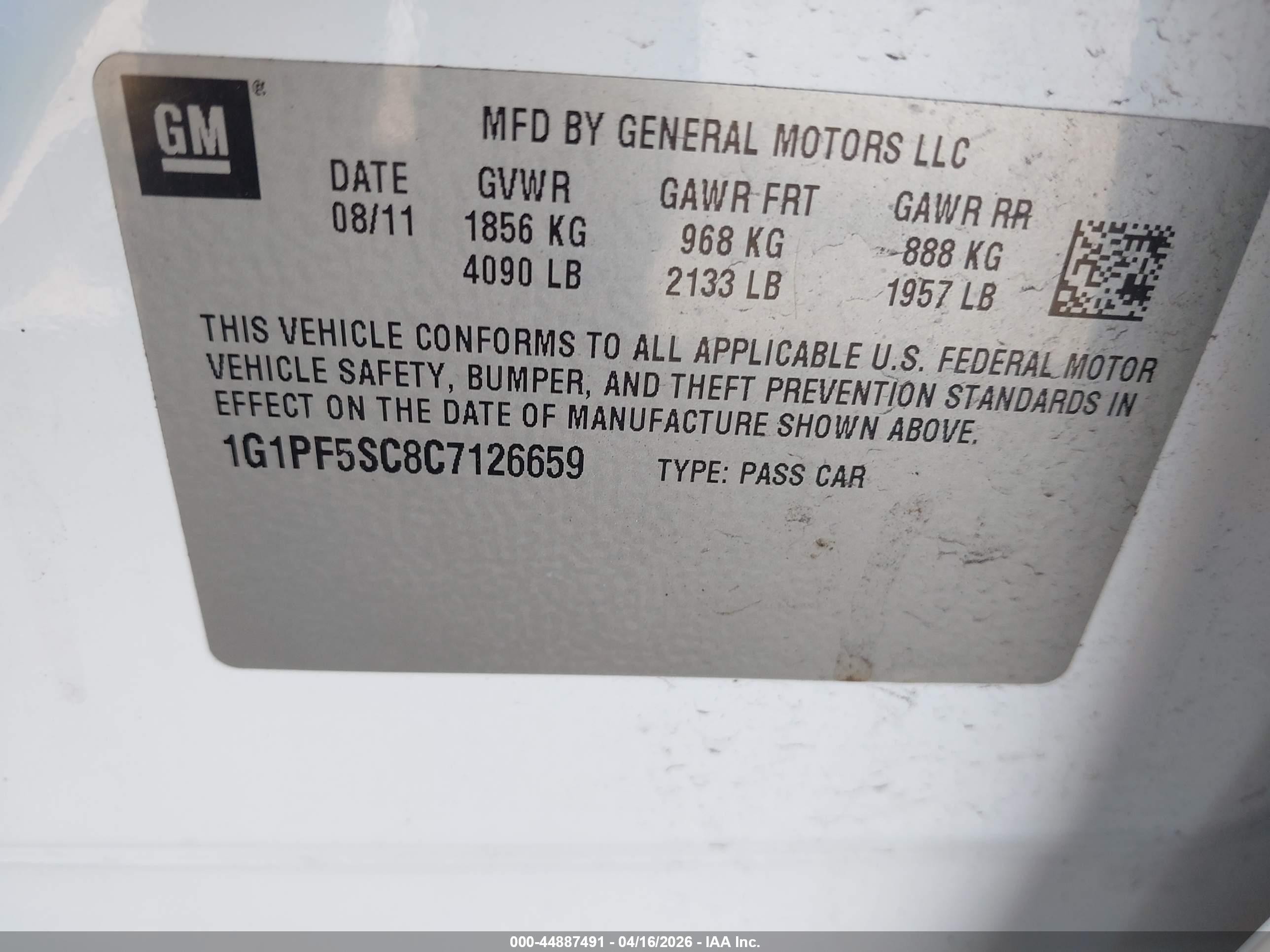2012 Chevrolet Cruze 1lt White vin: 1G1PF5SC8C7126659