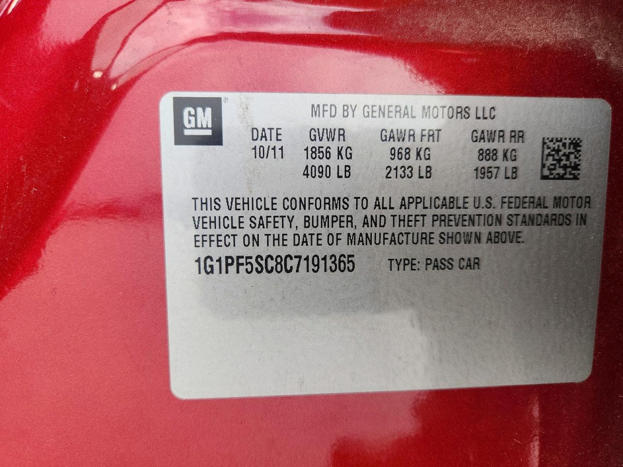 2012 Chevrolet Cruze Lt Red vin: 1G1PF5SC8C7191365